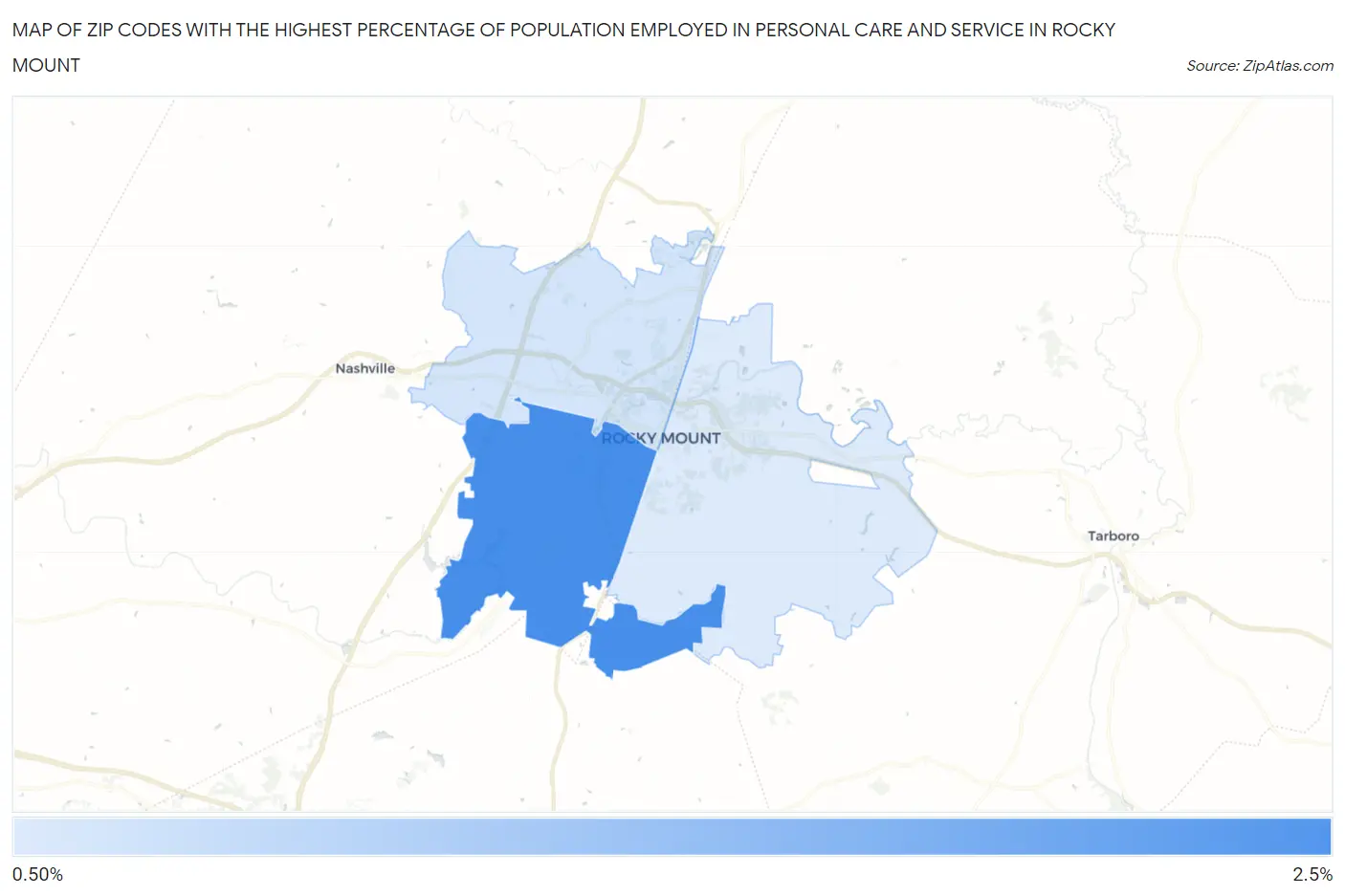 Zip Codes with the Highest Percentage of Population Employed in Personal Care and Service in Rocky Mount Map