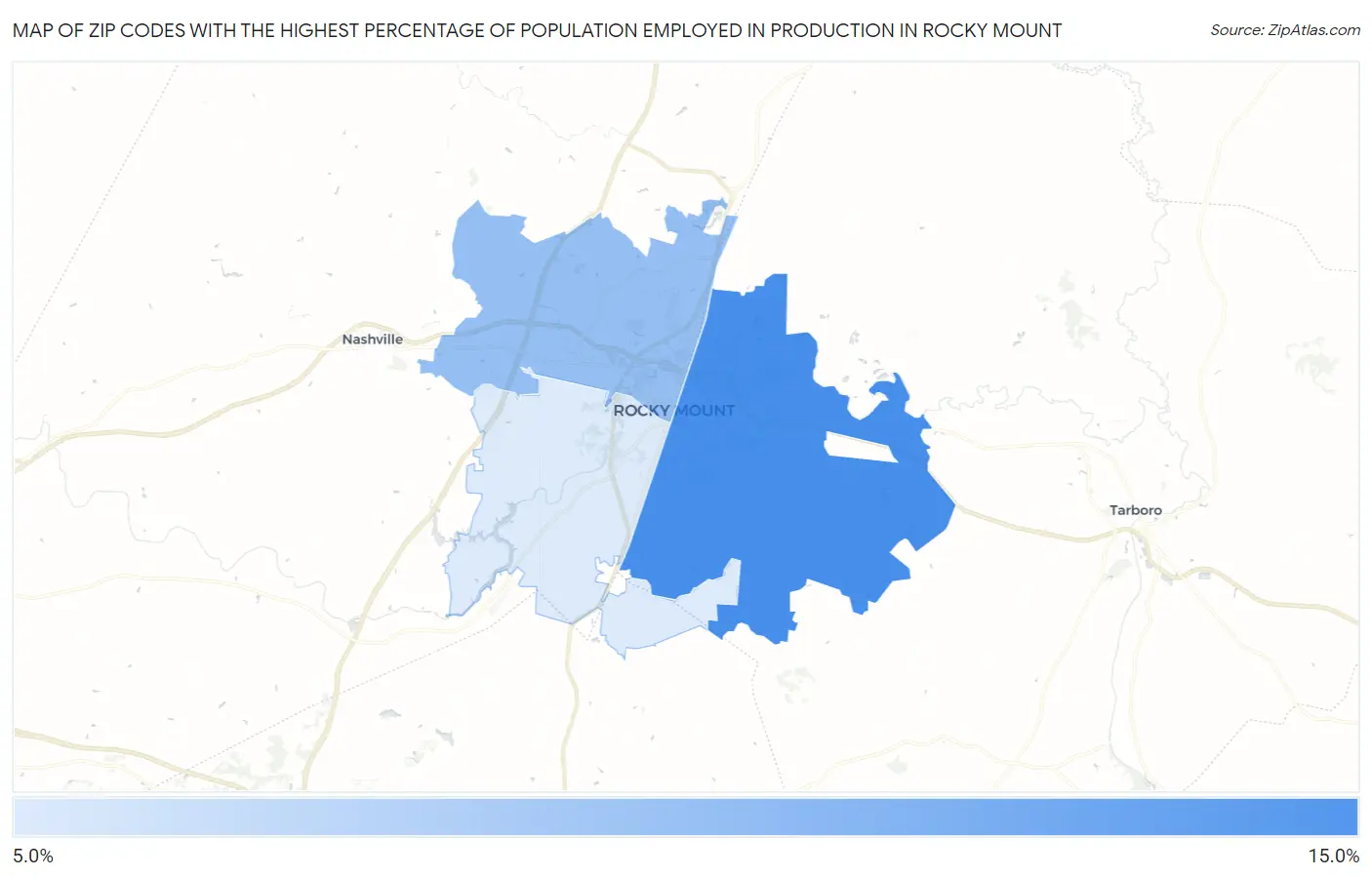 Zip Codes with the Highest Percentage of Population Employed in Production in Rocky Mount Map
