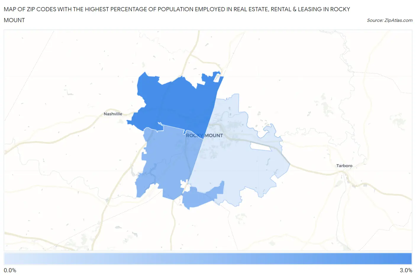 Zip Codes with the Highest Percentage of Population Employed in Real Estate, Rental & Leasing in Rocky Mount Map