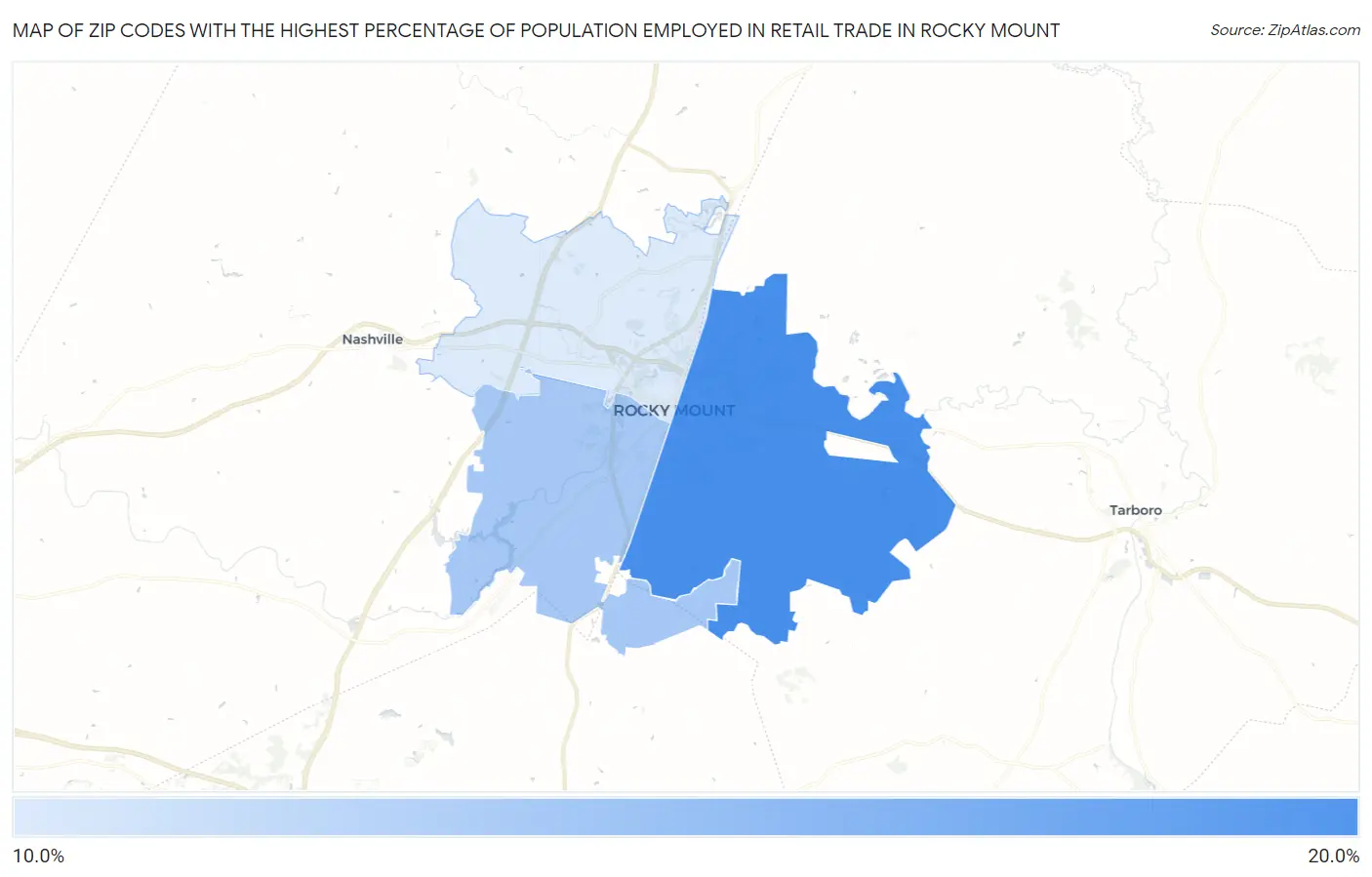 Zip Codes with the Highest Percentage of Population Employed in Retail Trade in Rocky Mount Map