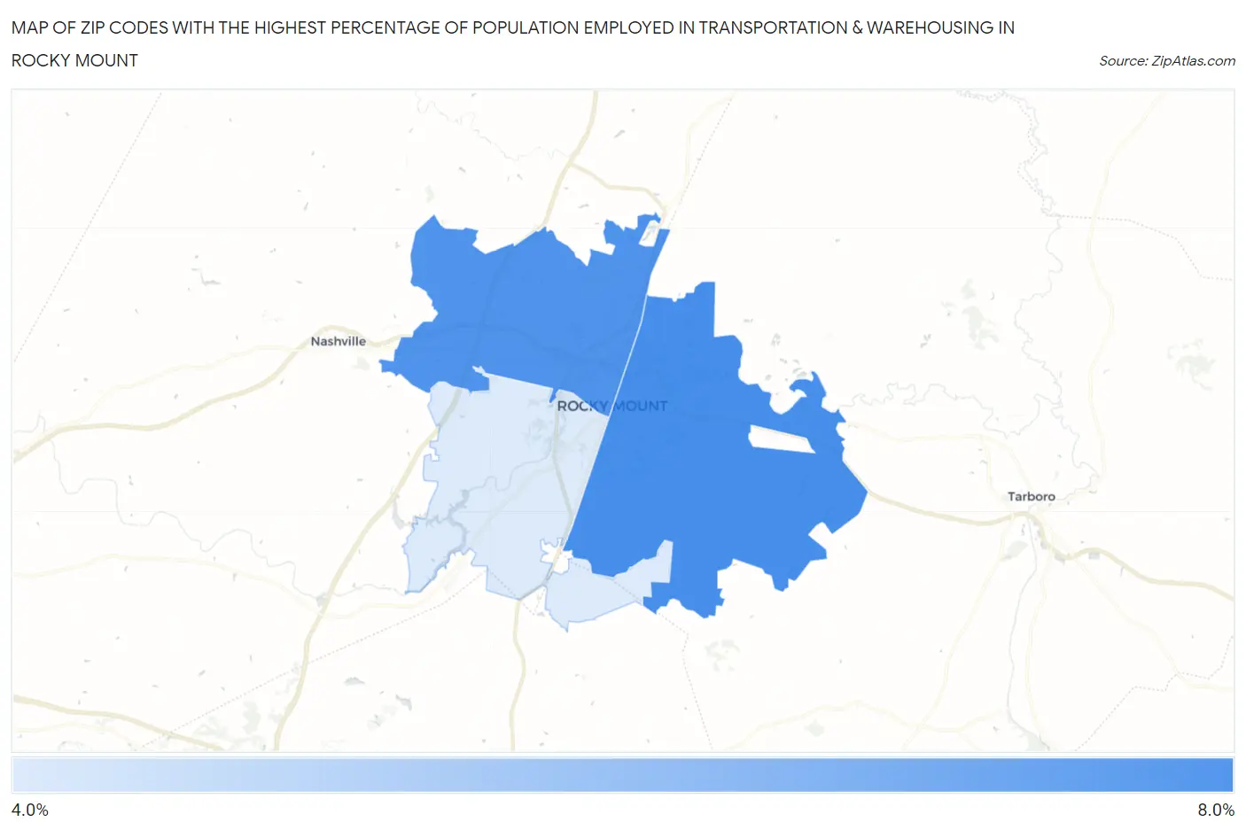 Zip Codes with the Highest Percentage of Population Employed in Transportation & Warehousing in Rocky Mount Map
