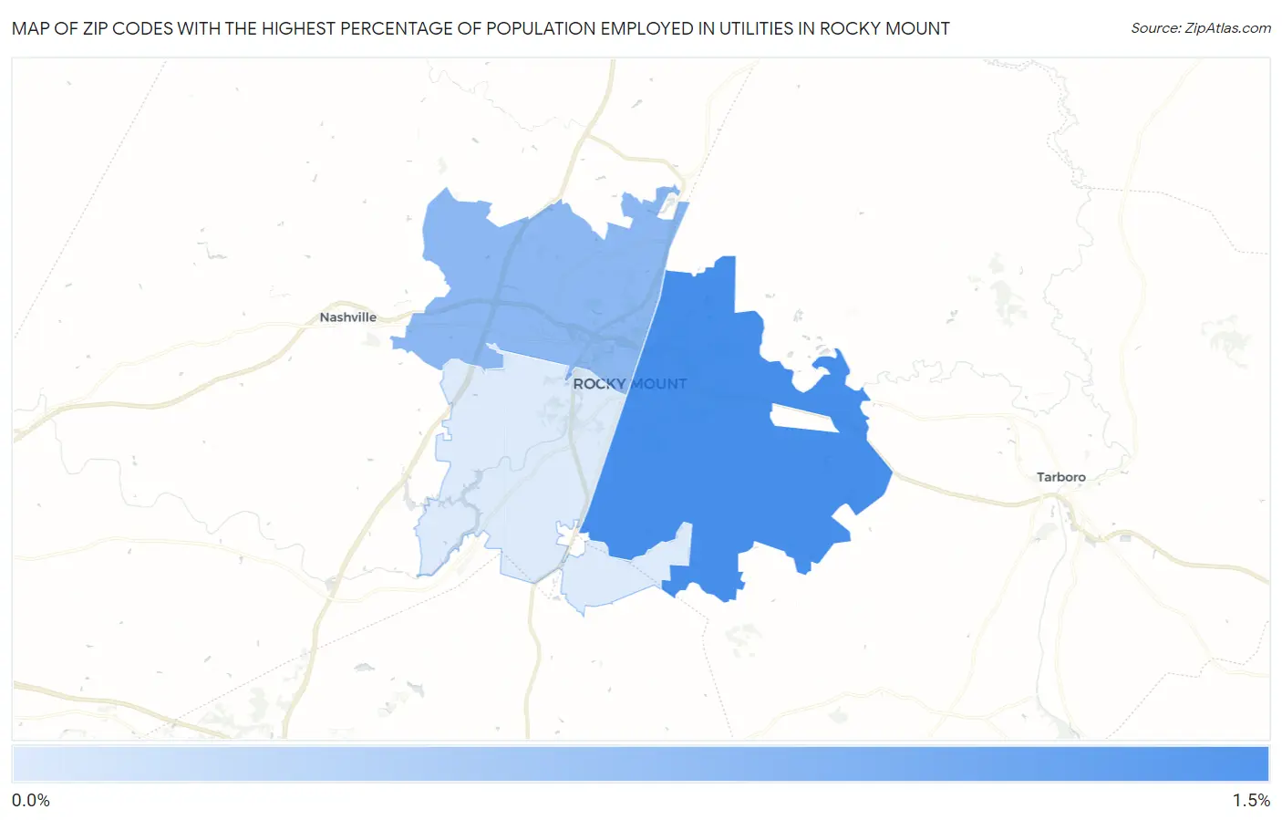 Zip Codes with the Highest Percentage of Population Employed in Utilities in Rocky Mount Map
