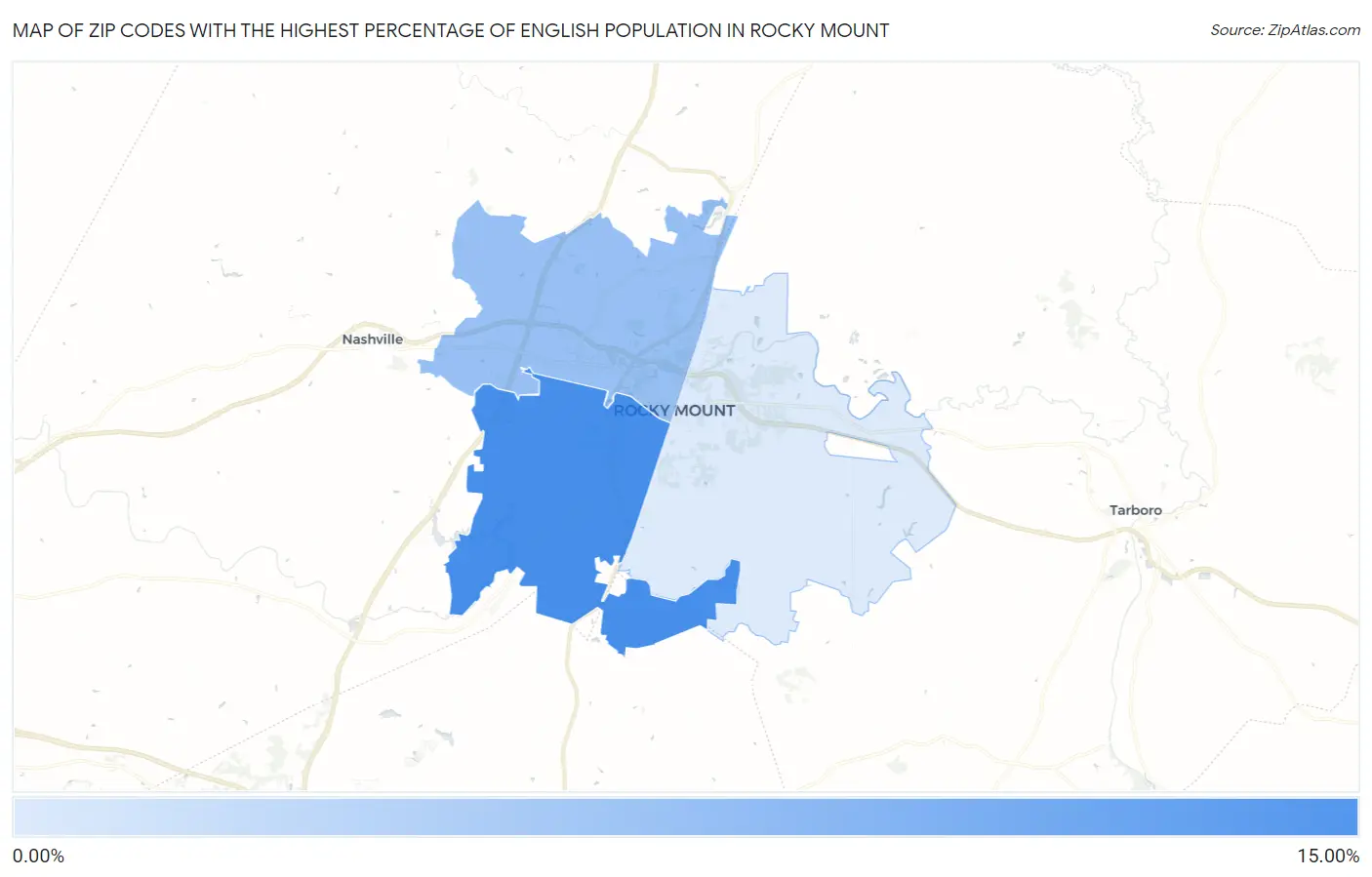 Zip Codes with the Highest Percentage of English Population in Rocky Mount Map