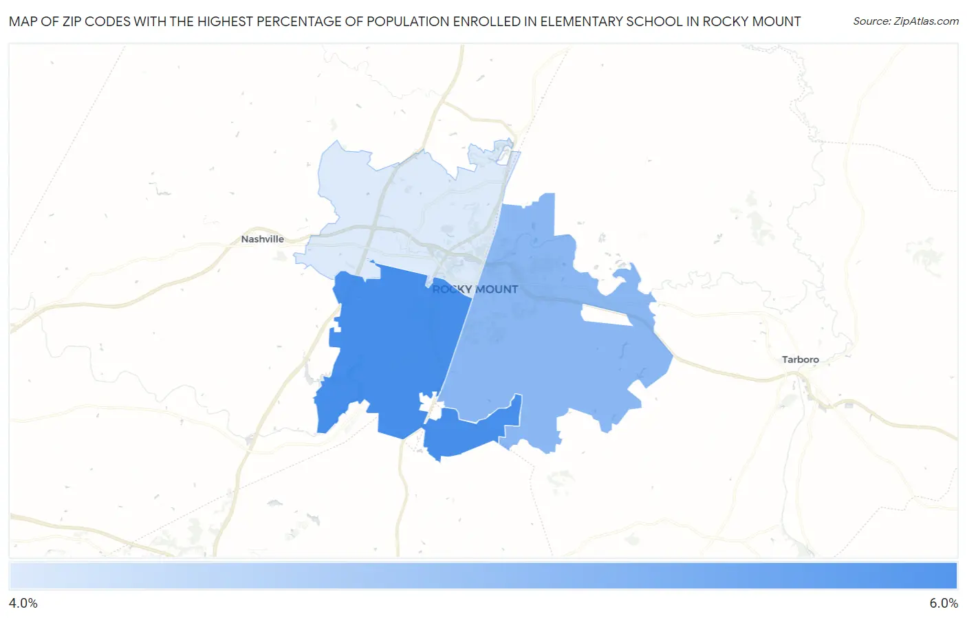 Zip Codes with the Highest Percentage of Population Enrolled in Elementary School in Rocky Mount Map