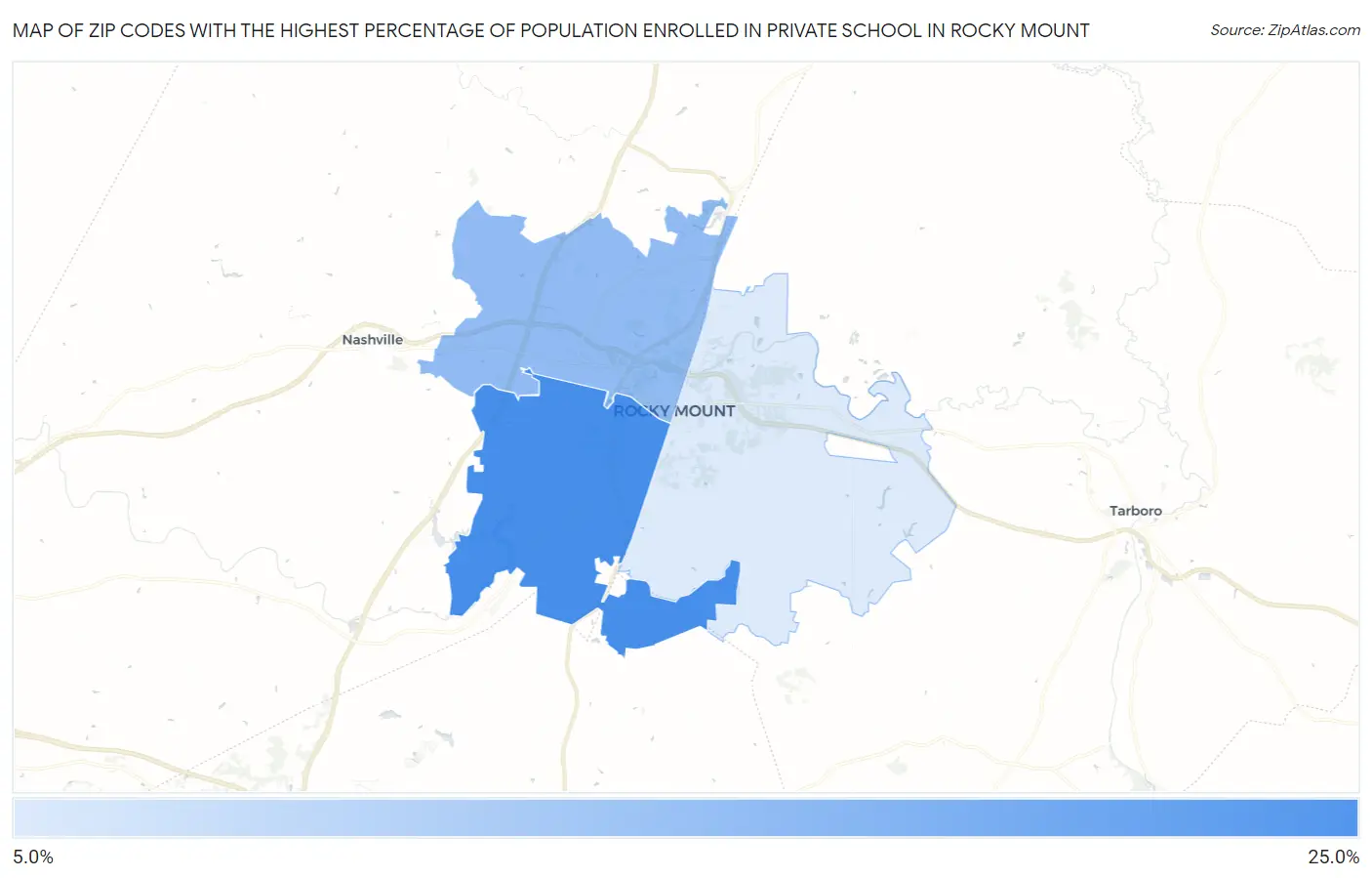 Zip Codes with the Highest Percentage of Population Enrolled in Private School in Rocky Mount Map
