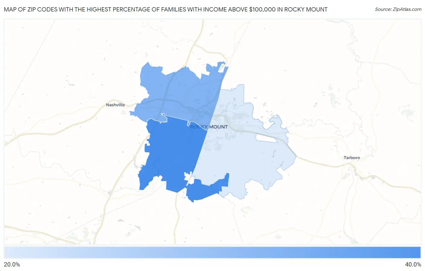 Zip Codes with the Highest Percentage of Families with Income Above $100,000 in Rocky Mount Map