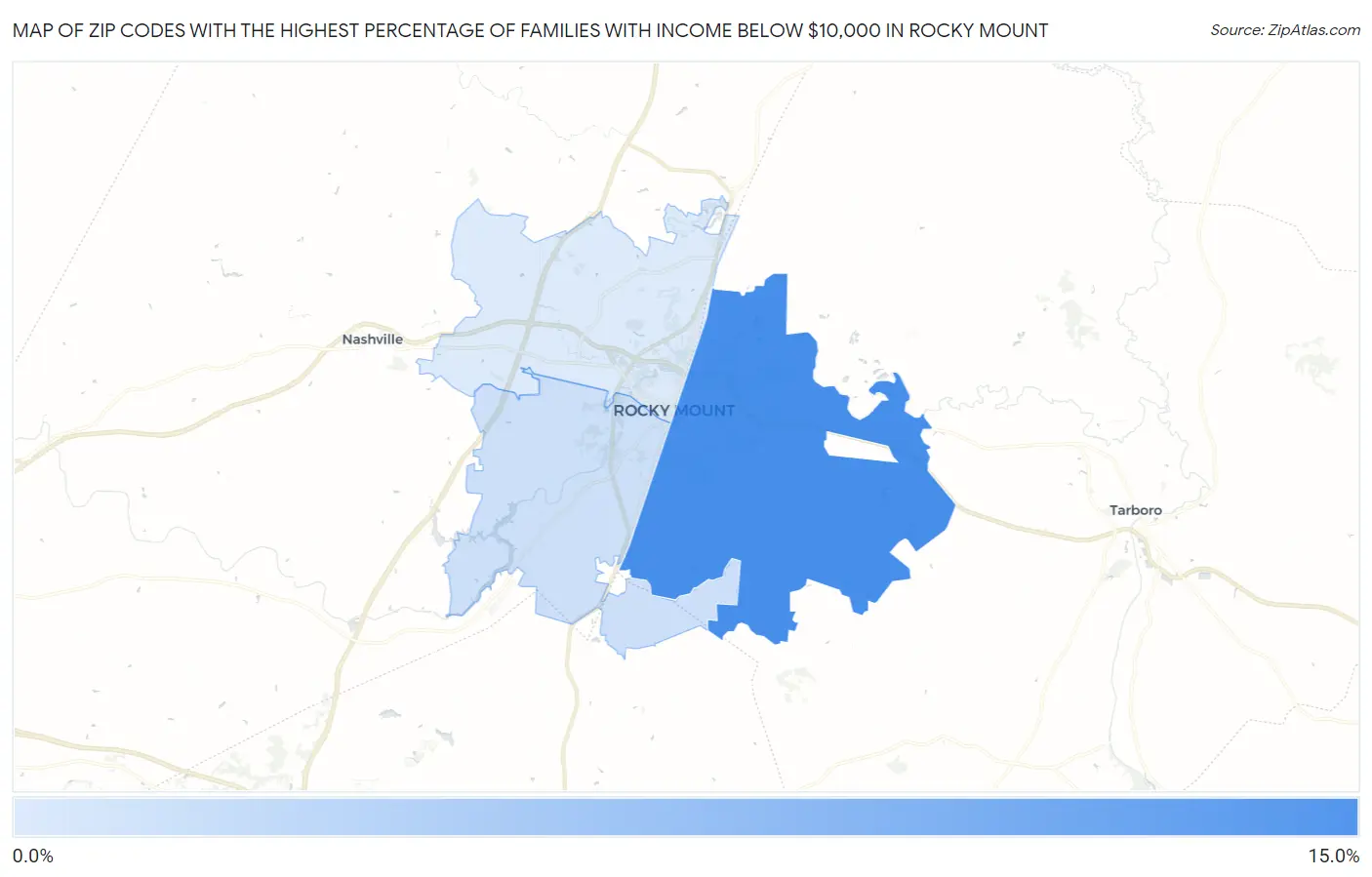 Zip Codes with the Highest Percentage of Families with Income Below $10,000 in Rocky Mount Map