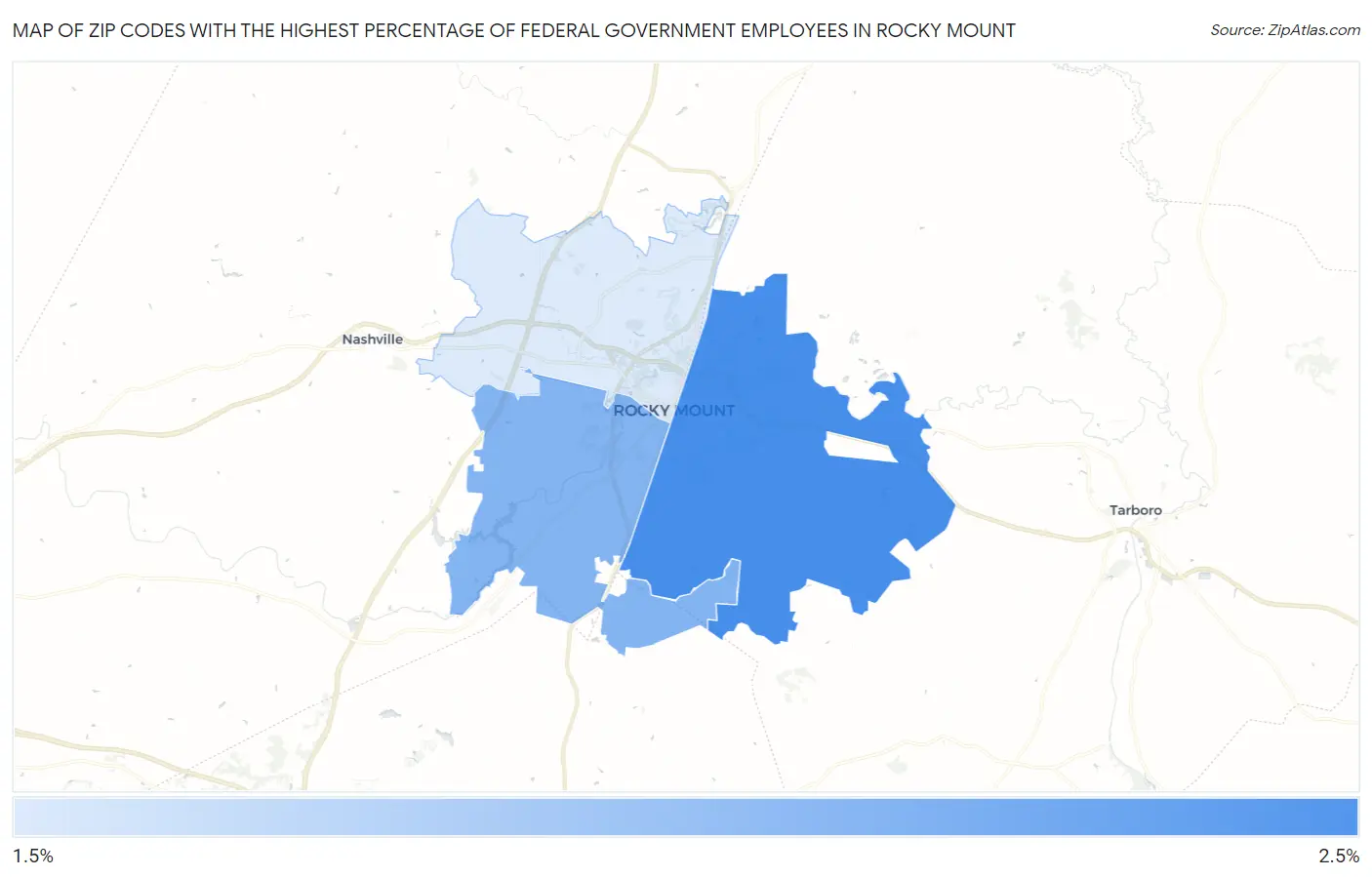 Zip Codes with the Highest Percentage of Federal Government Employees in Rocky Mount Map