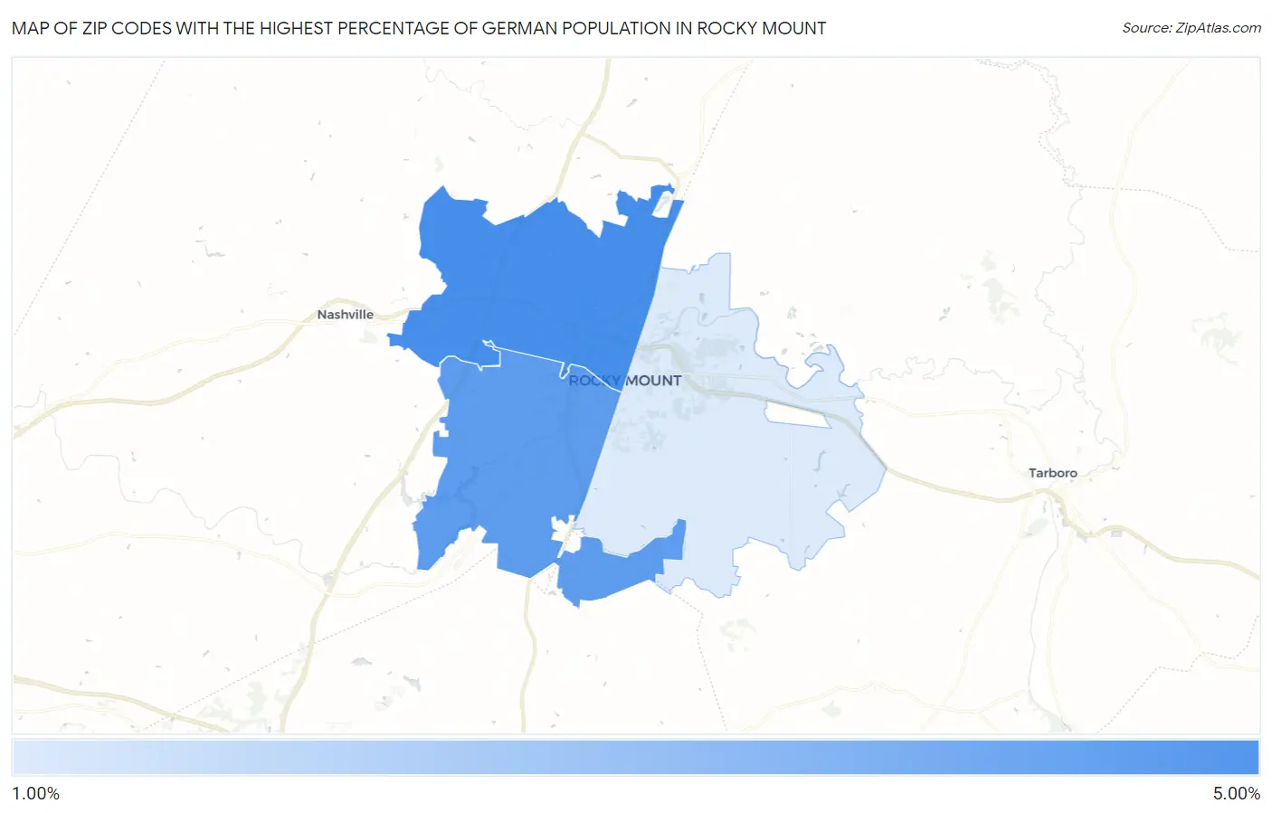 Zip Codes with the Highest Percentage of German Population in Rocky Mount Map