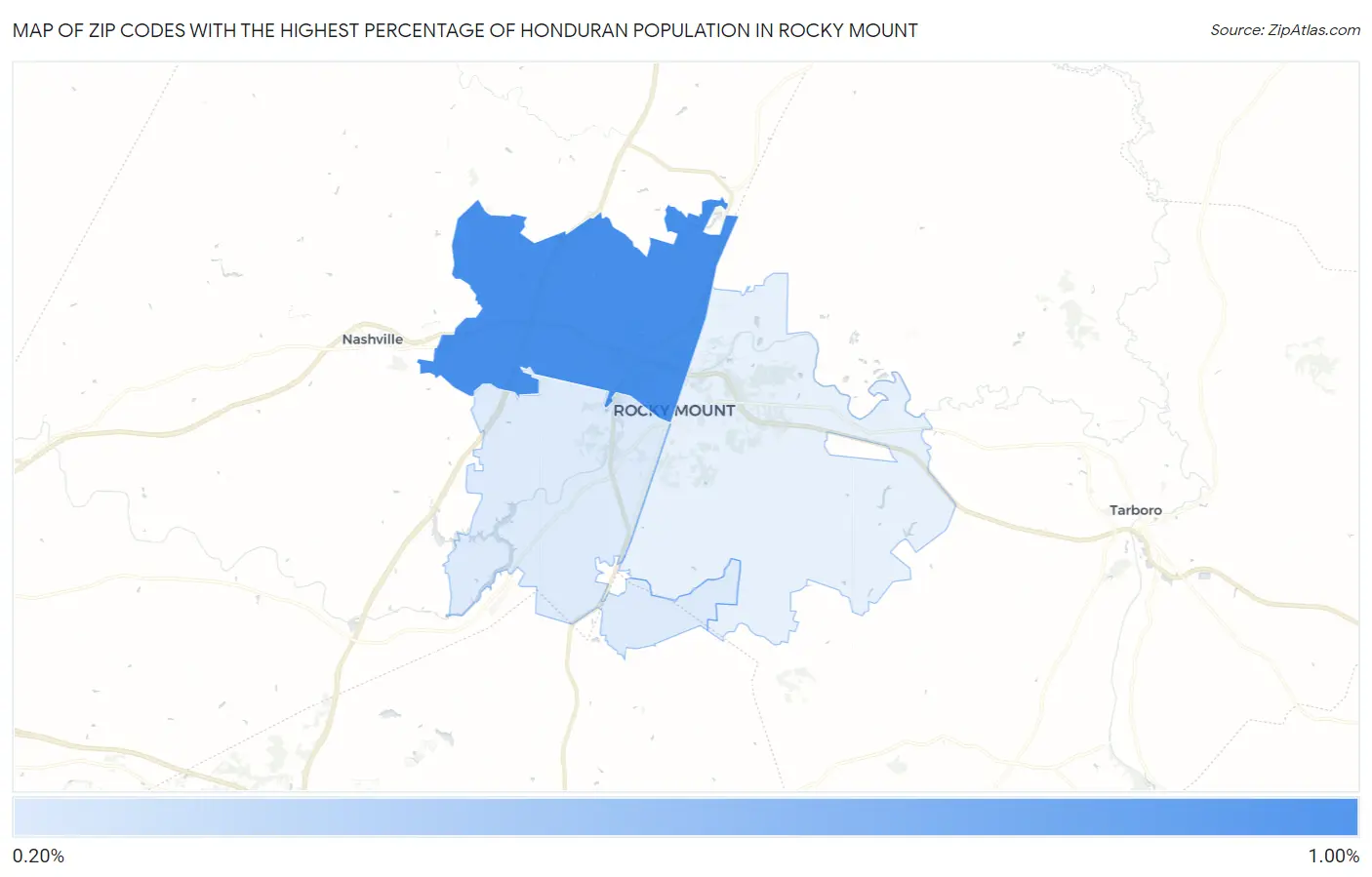Zip Codes with the Highest Percentage of Honduran Population in Rocky Mount Map