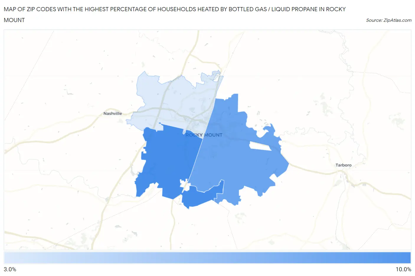 Zip Codes with the Highest Percentage of Households Heated by Bottled Gas / Liquid Propane in Rocky Mount Map