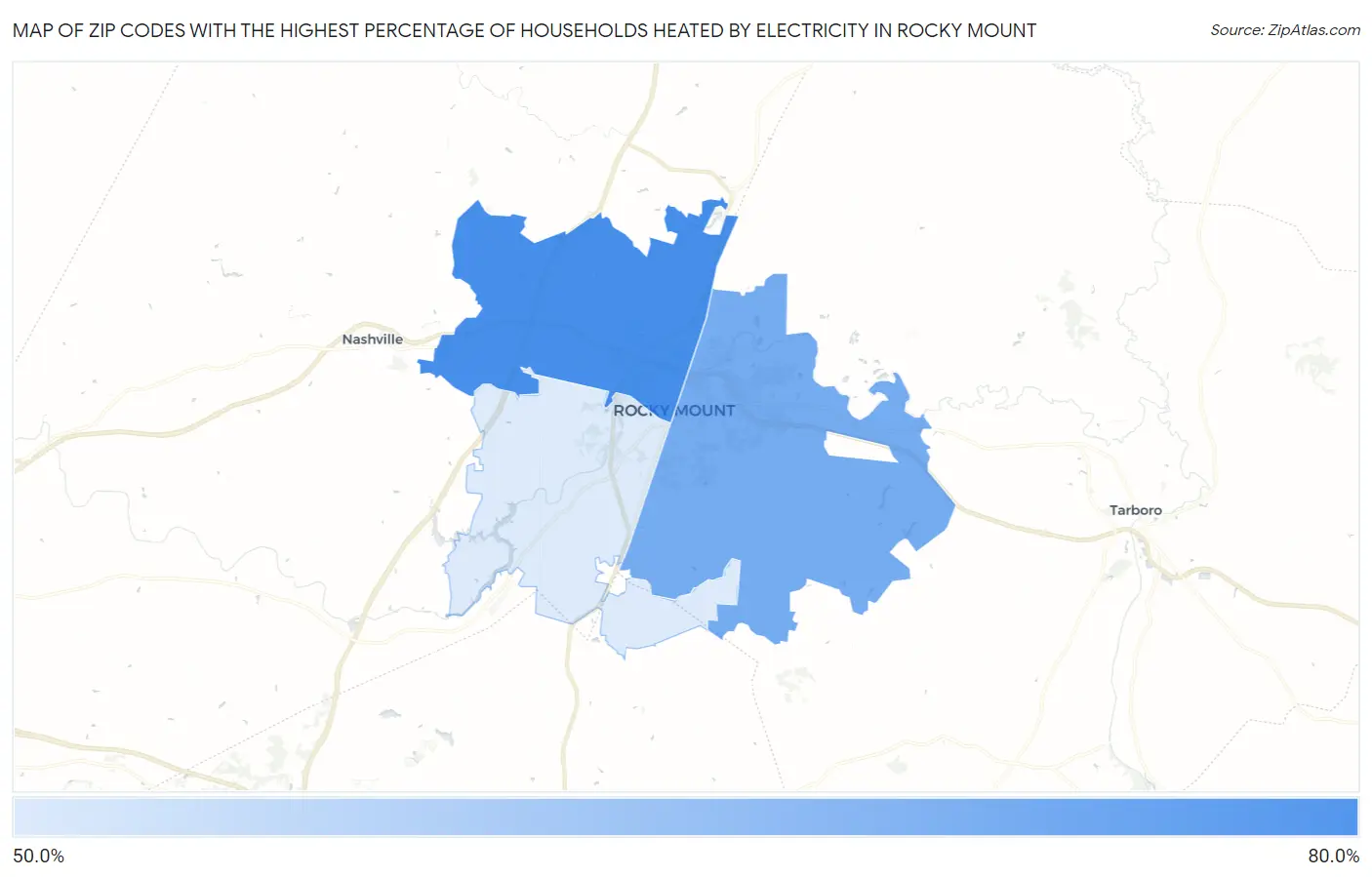 Zip Codes with the Highest Percentage of Households Heated by Electricity in Rocky Mount Map