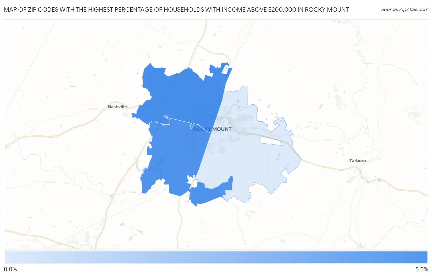 Zip Codes with the Highest Percentage of Households with Income Above $200,000 in Rocky Mount Map