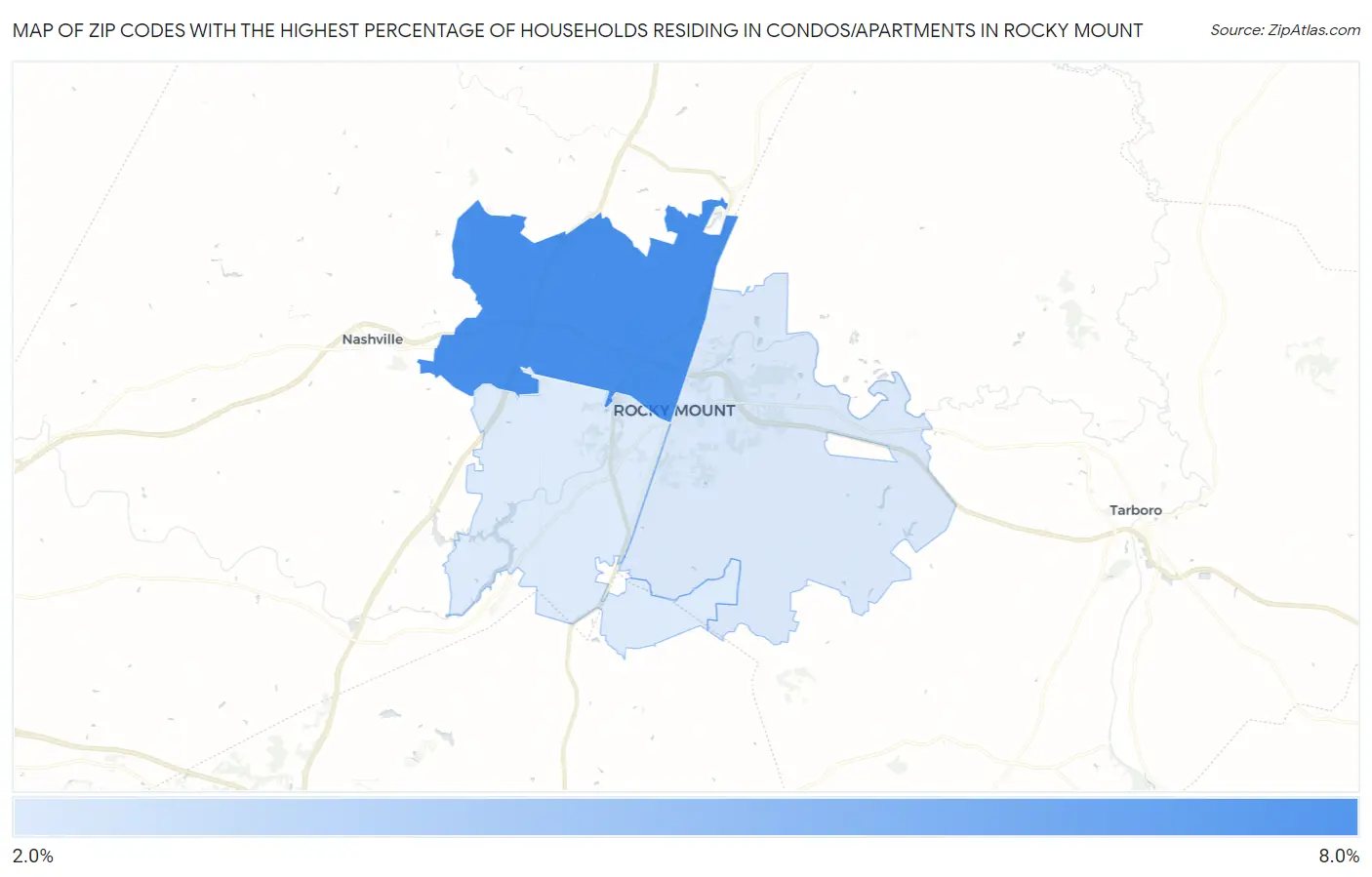 Zip Codes with the Highest Percentage of Households Residing in Condos/Apartments in Rocky Mount Map