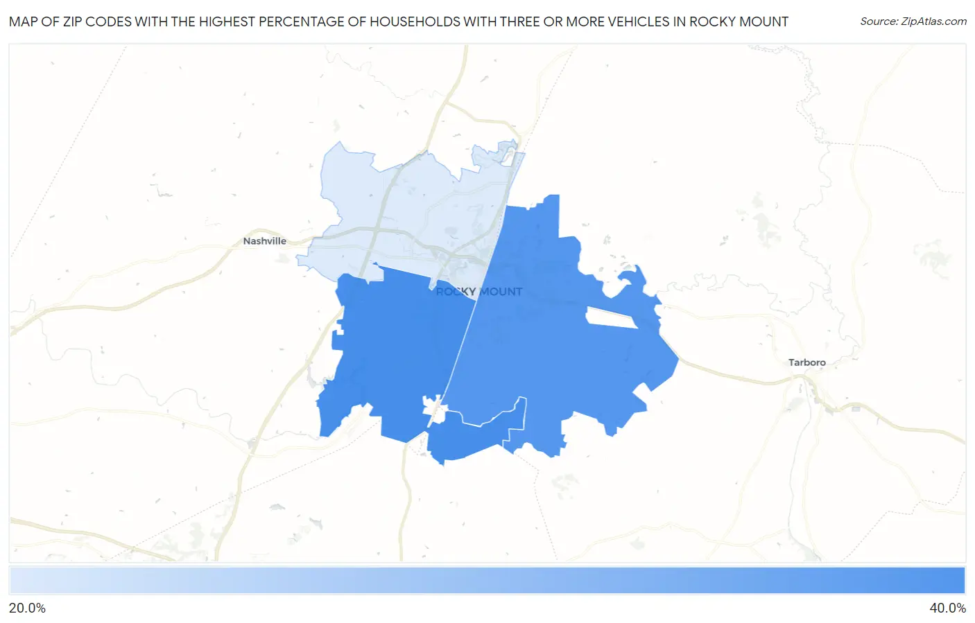Zip Codes with the Highest Percentage of Households With Three or more Vehicles in Rocky Mount Map