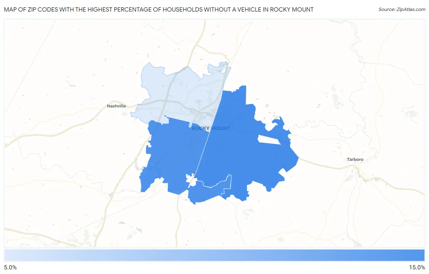 Zip Codes with the Highest Percentage of Households Without a Vehicle in Rocky Mount Map