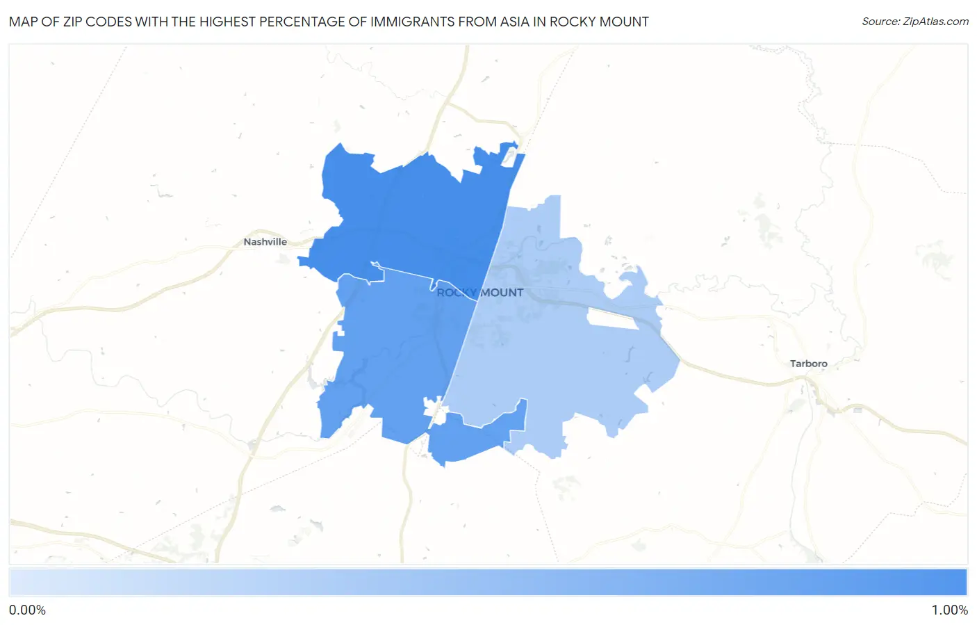 Zip Codes with the Highest Percentage of Immigrants from Asia in Rocky Mount Map
