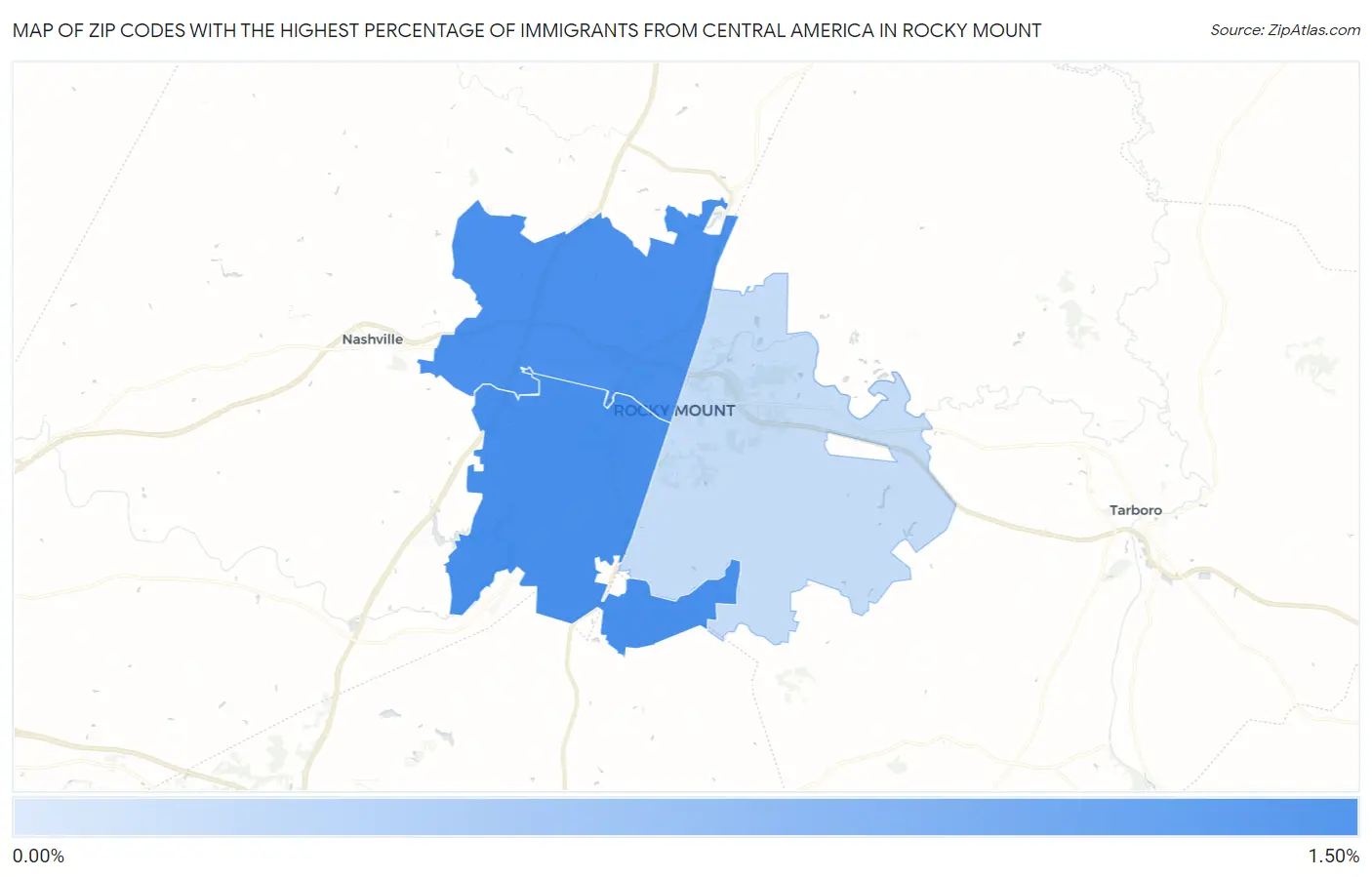 Zip Codes with the Highest Percentage of Immigrants from Central America in Rocky Mount Map