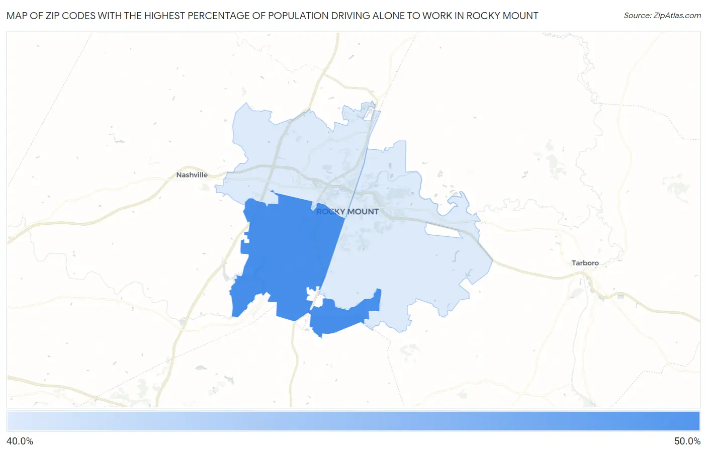 Zip Codes with the Highest Percentage of Population Driving Alone to Work in Rocky Mount Map