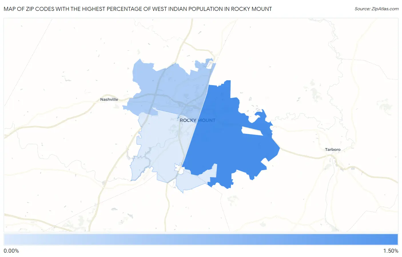 Zip Codes with the Highest Percentage of West Indian Population in Rocky Mount Map