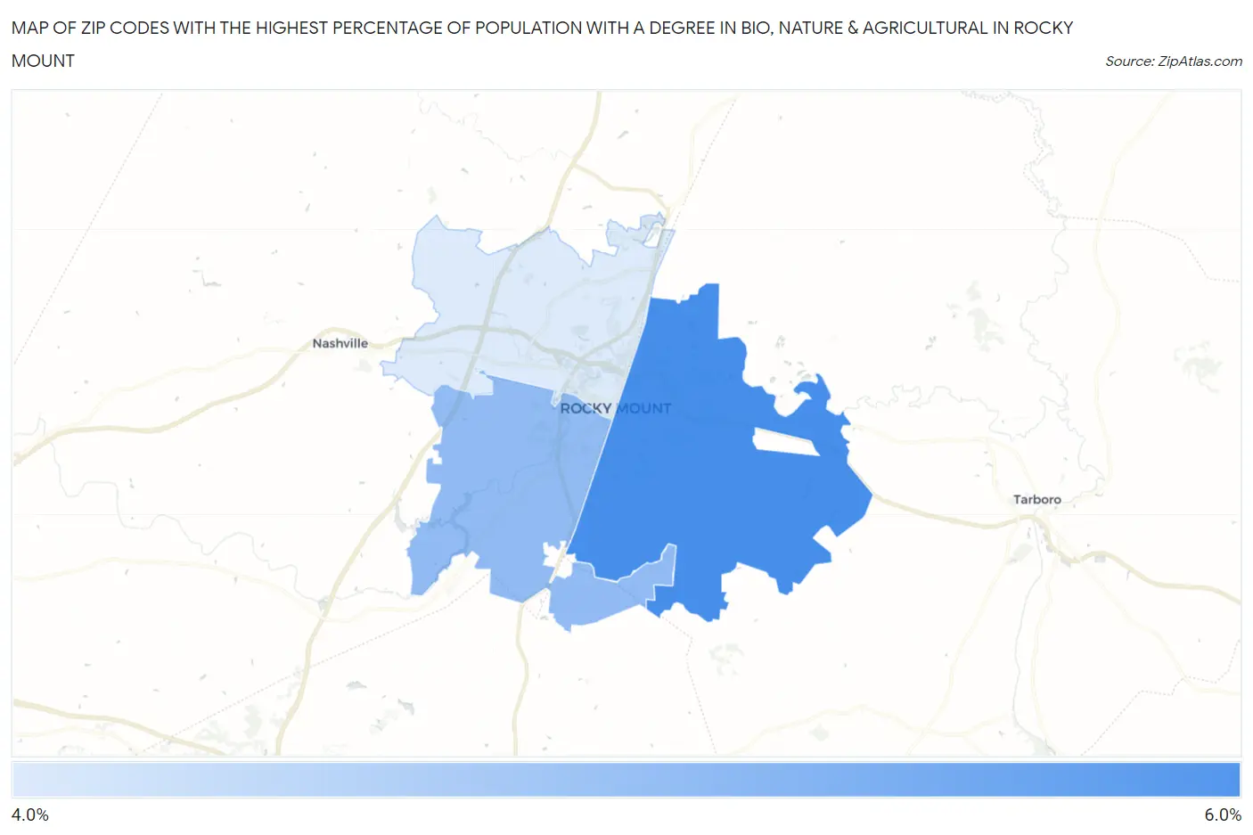 Zip Codes with the Highest Percentage of Population with a Degree in Bio, Nature & Agricultural in Rocky Mount Map