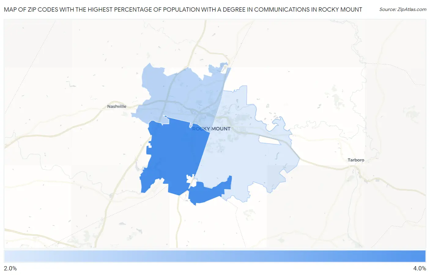 Zip Codes with the Highest Percentage of Population with a Degree in Communications in Rocky Mount Map
