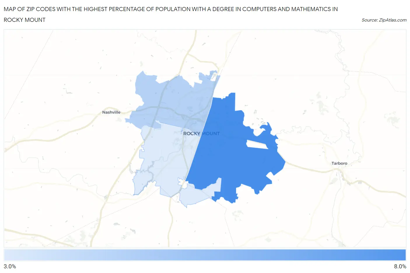 Zip Codes with the Highest Percentage of Population with a Degree in Computers and Mathematics in Rocky Mount Map