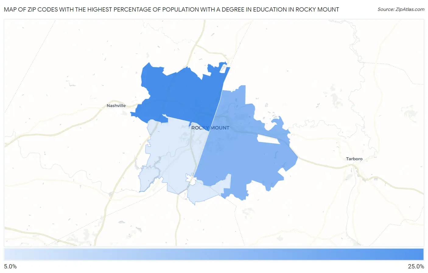 Zip Codes with the Highest Percentage of Population with a Degree in Education in Rocky Mount Map
