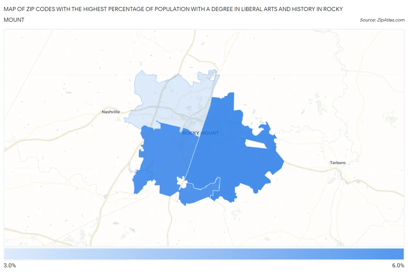 Zip Codes with the Highest Percentage of Population with a Degree in Liberal Arts and History in Rocky Mount Map