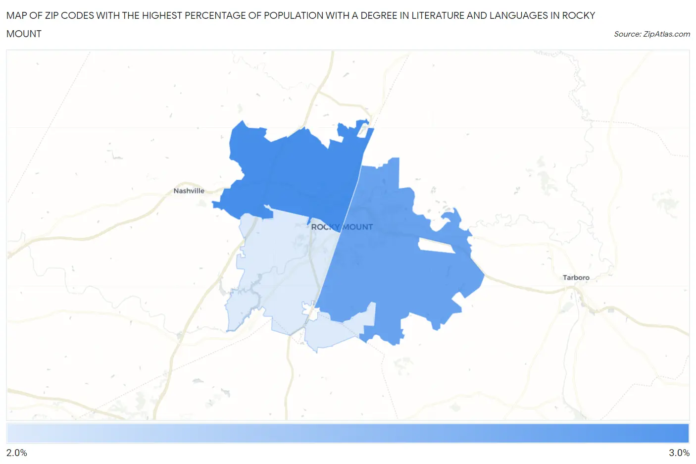 Zip Codes with the Highest Percentage of Population with a Degree in Literature and Languages in Rocky Mount Map