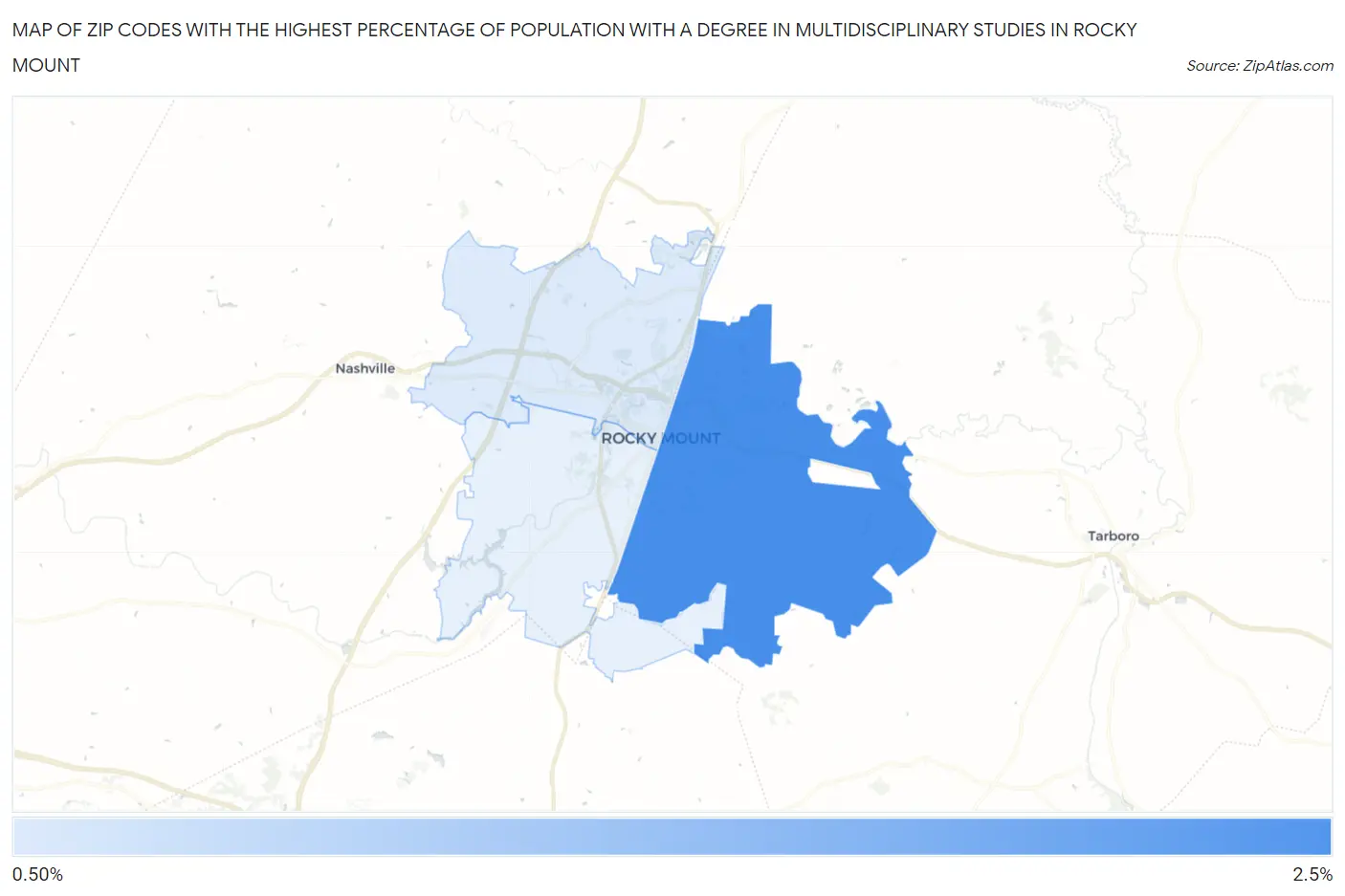Zip Codes with the Highest Percentage of Population with a Degree in Multidisciplinary Studies in Rocky Mount Map