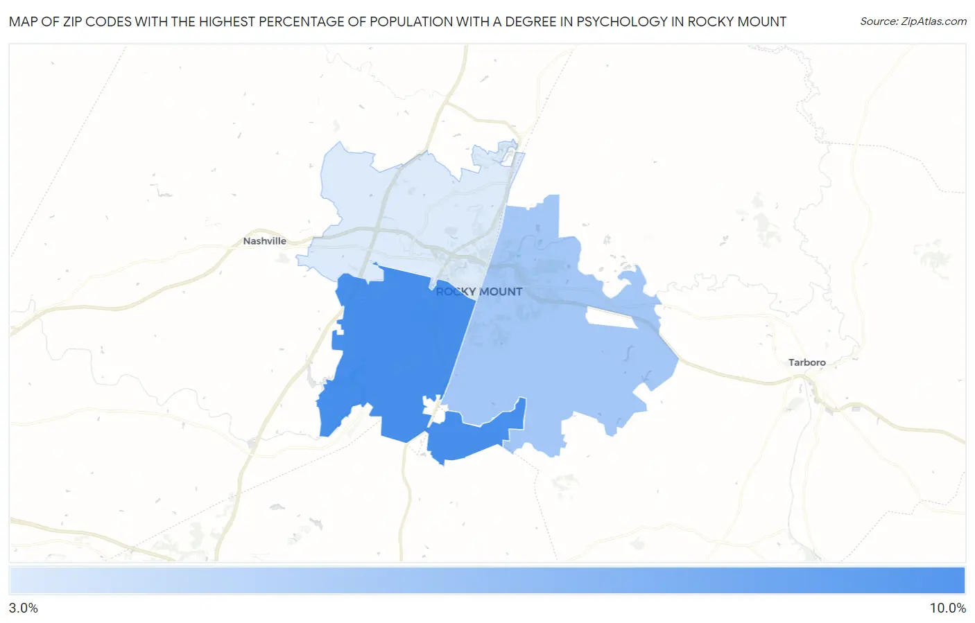 Zip Codes with the Highest Percentage of Population with a Degree in Psychology in Rocky Mount Map