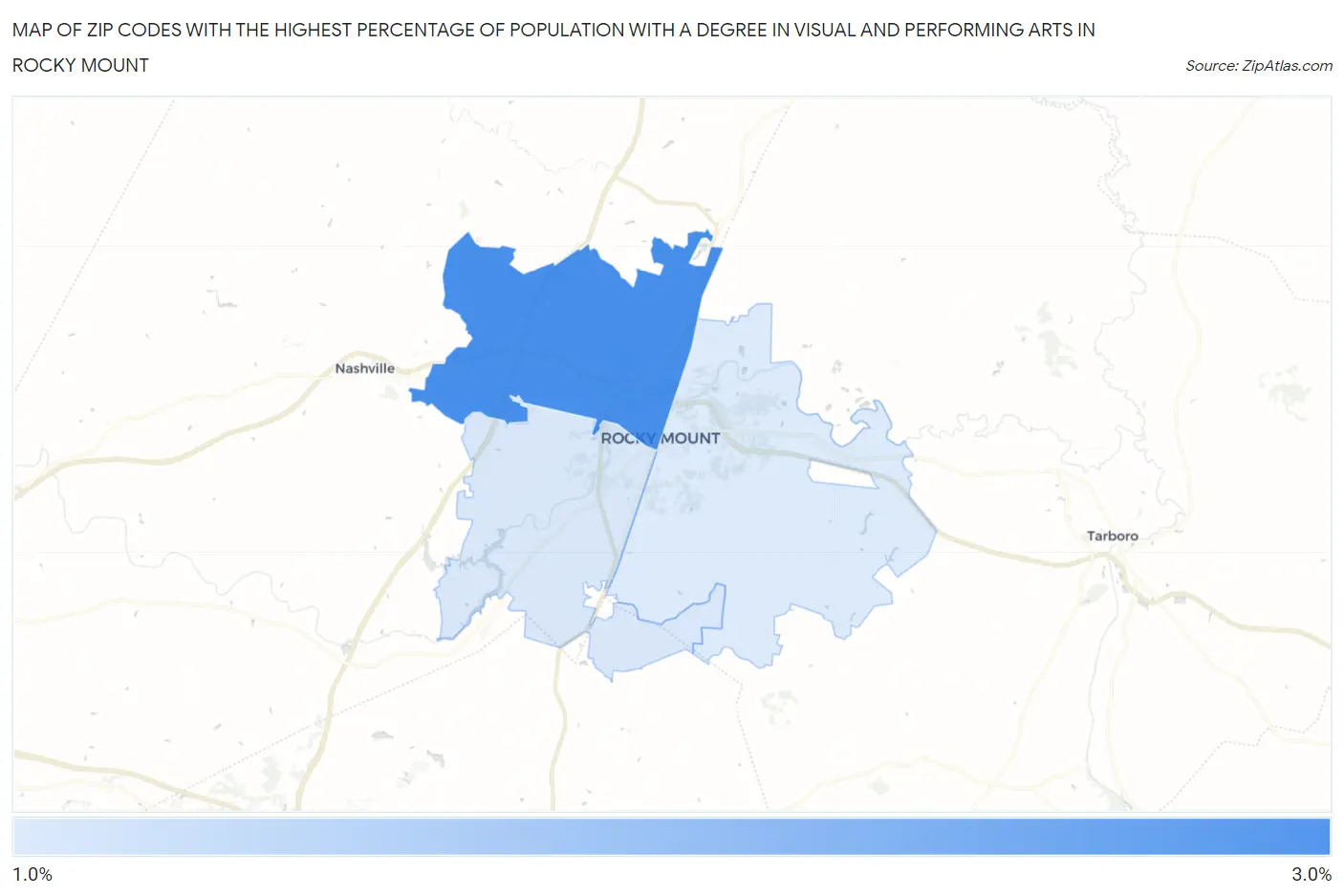Zip Codes with the Highest Percentage of Population with a Degree in Visual and Performing Arts in Rocky Mount Map