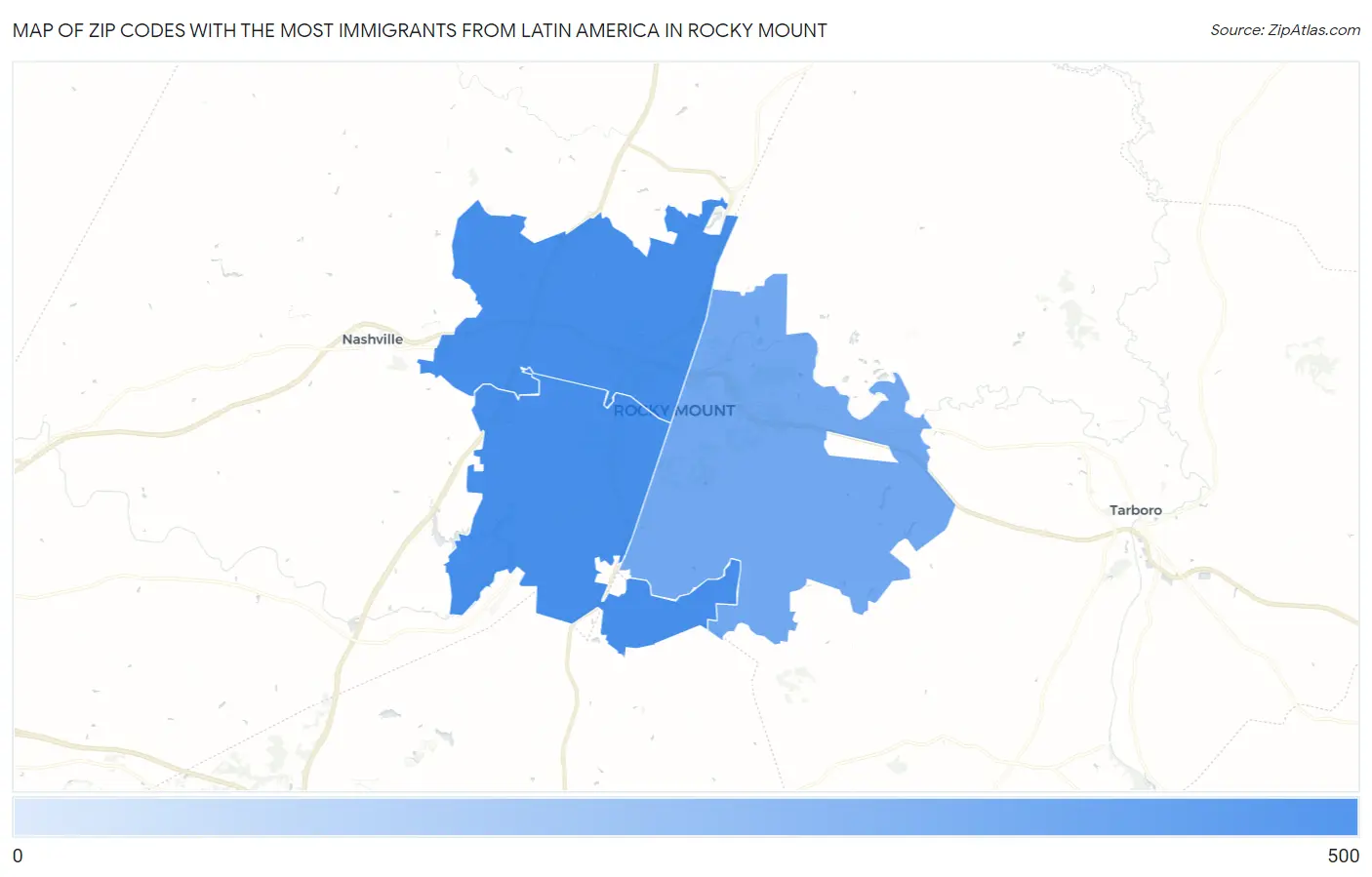 Zip Codes with the Most Immigrants from Latin America in Rocky Mount Map