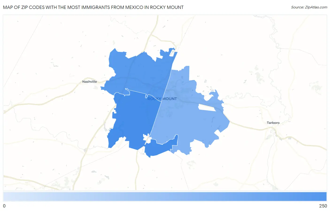 Zip Codes with the Most Immigrants from Mexico in Rocky Mount Map