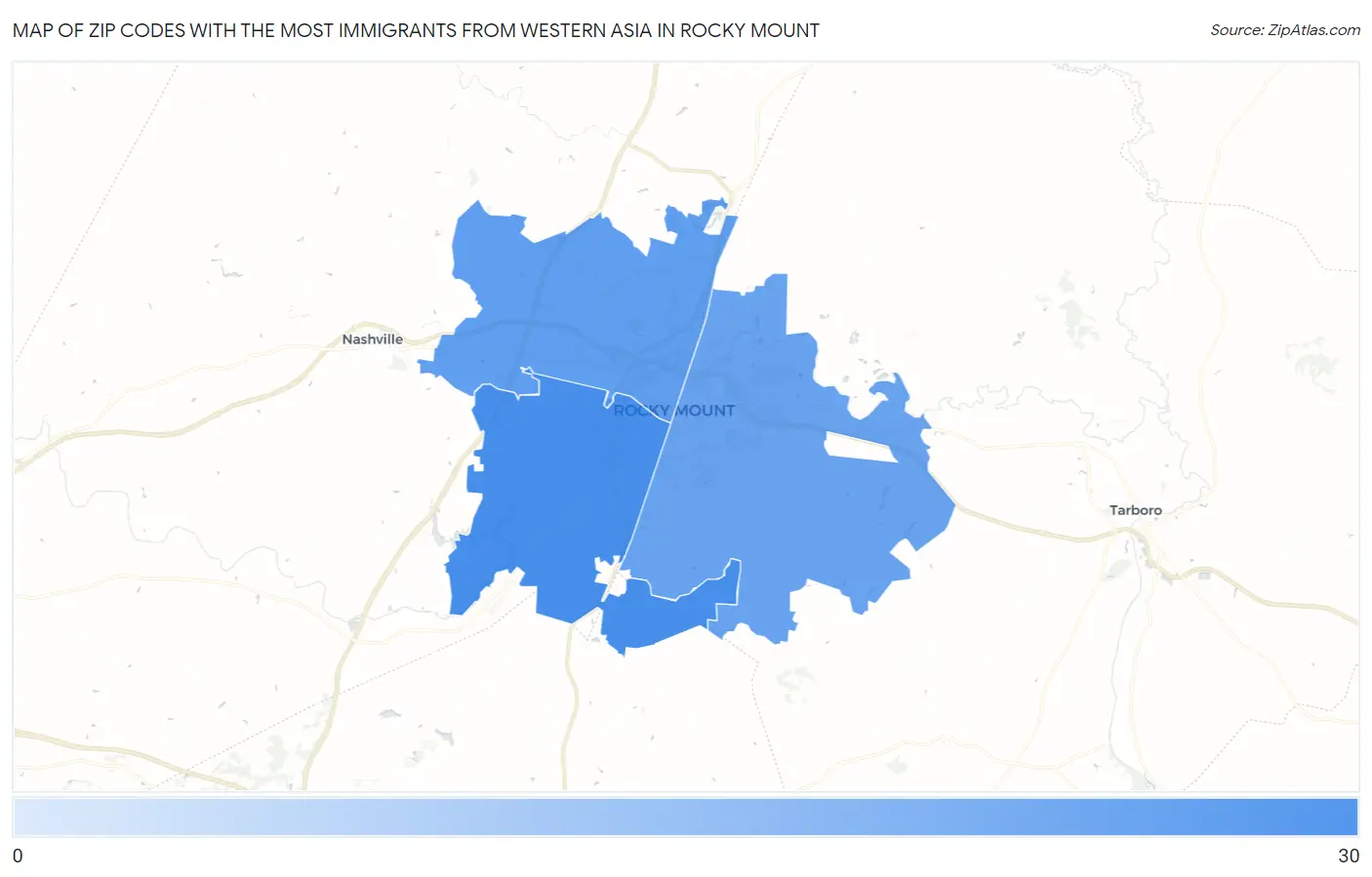 Zip Codes with the Most Immigrants from Western Asia in Rocky Mount Map
