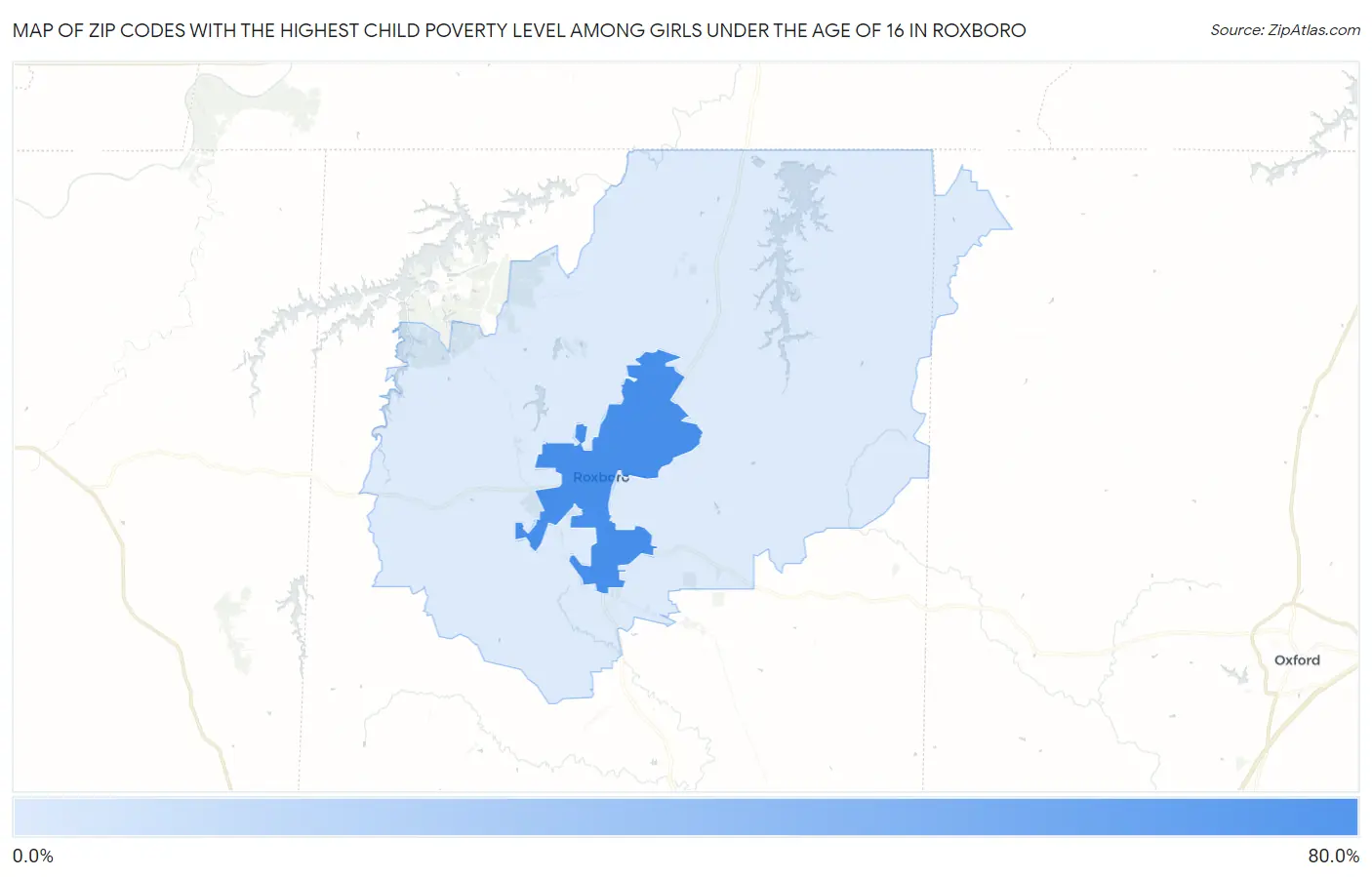 Zip Codes with the Highest Child Poverty Level Among Girls Under the Age of 16 in Roxboro Map