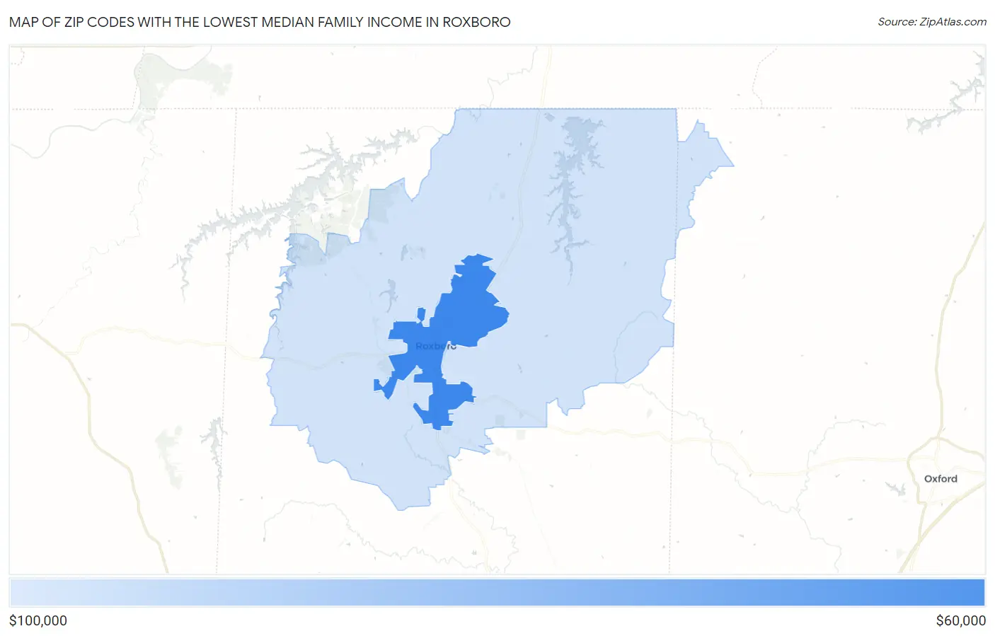 Zip Codes with the Lowest Median Family Income in Roxboro Map