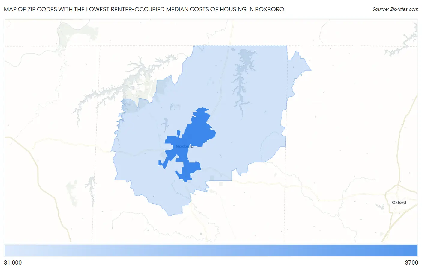 Zip Codes with the Lowest Renter-Occupied Median Costs of Housing in Roxboro Map