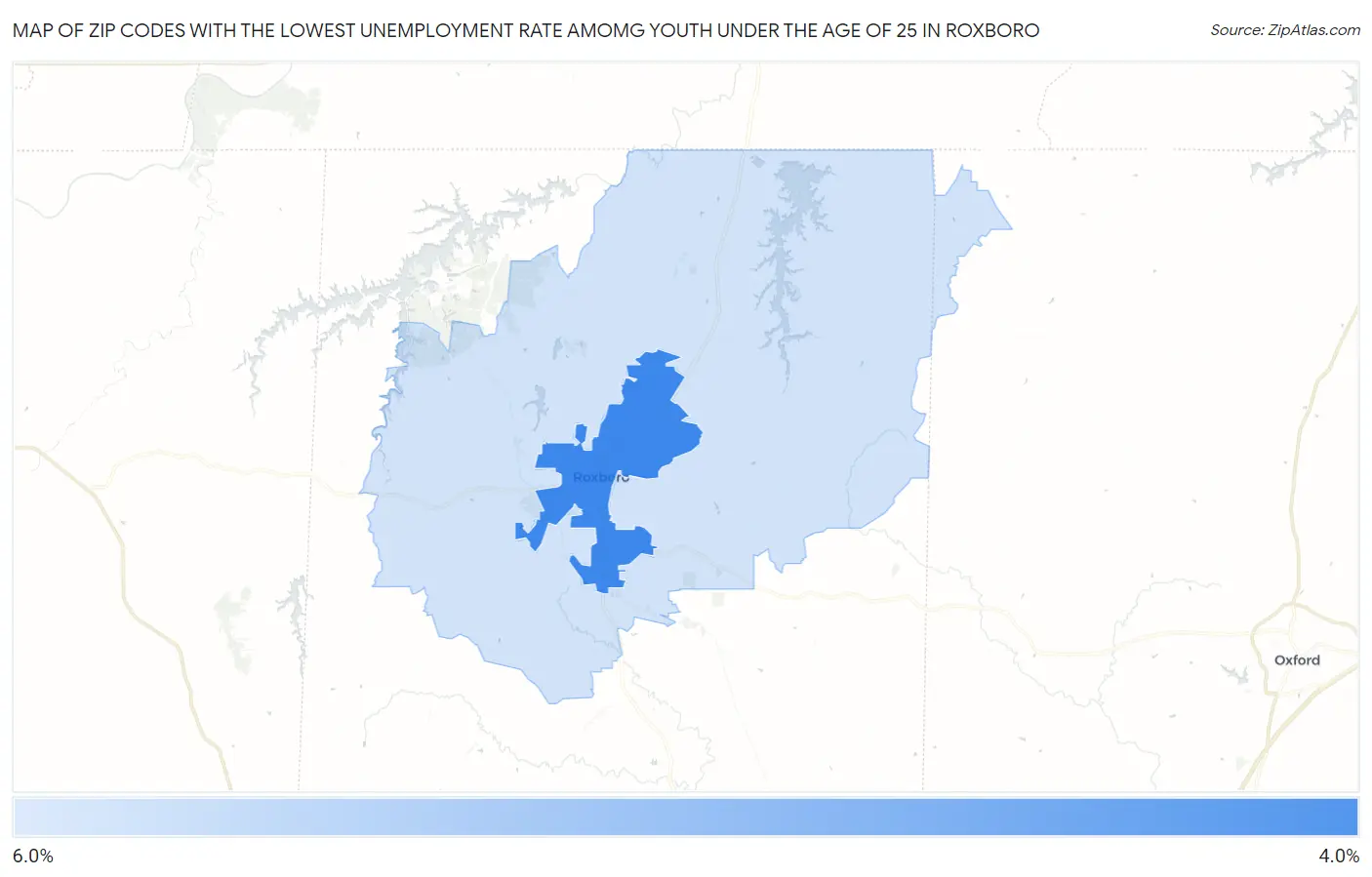 Zip Codes with the Lowest Unemployment Rate Amomg Youth Under the Age of 25 in Roxboro Map