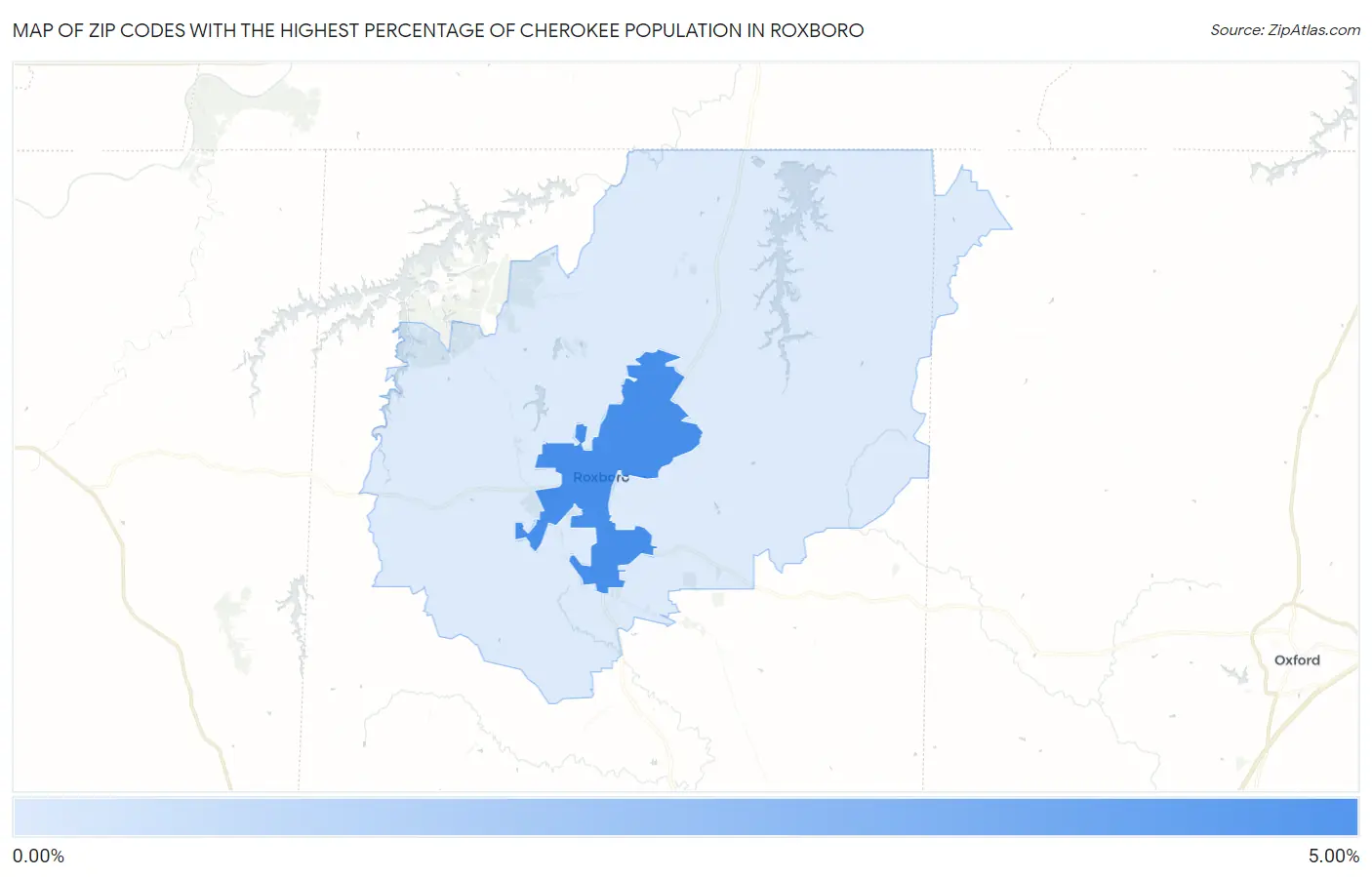 Zip Codes with the Highest Percentage of Cherokee Population in Roxboro Map