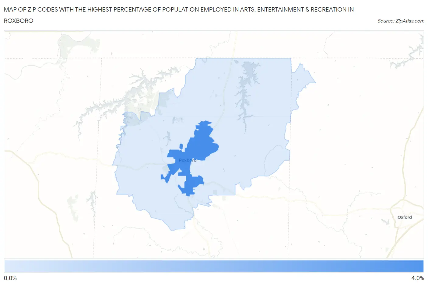 Zip Codes with the Highest Percentage of Population Employed in Arts, Entertainment & Recreation in Roxboro Map