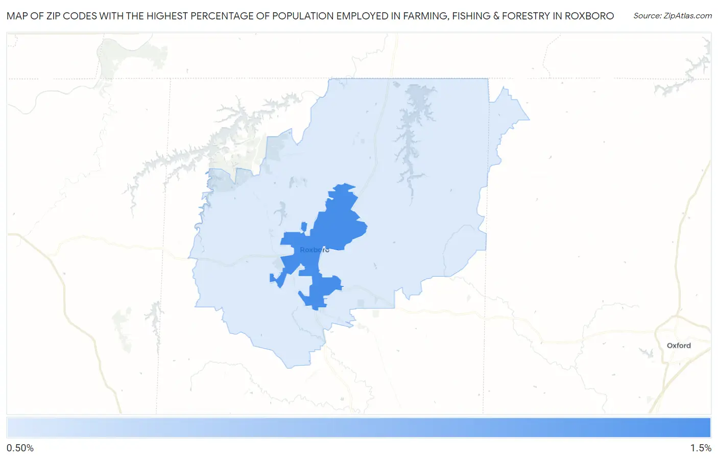 Zip Codes with the Highest Percentage of Population Employed in Farming, Fishing & Forestry in Roxboro Map