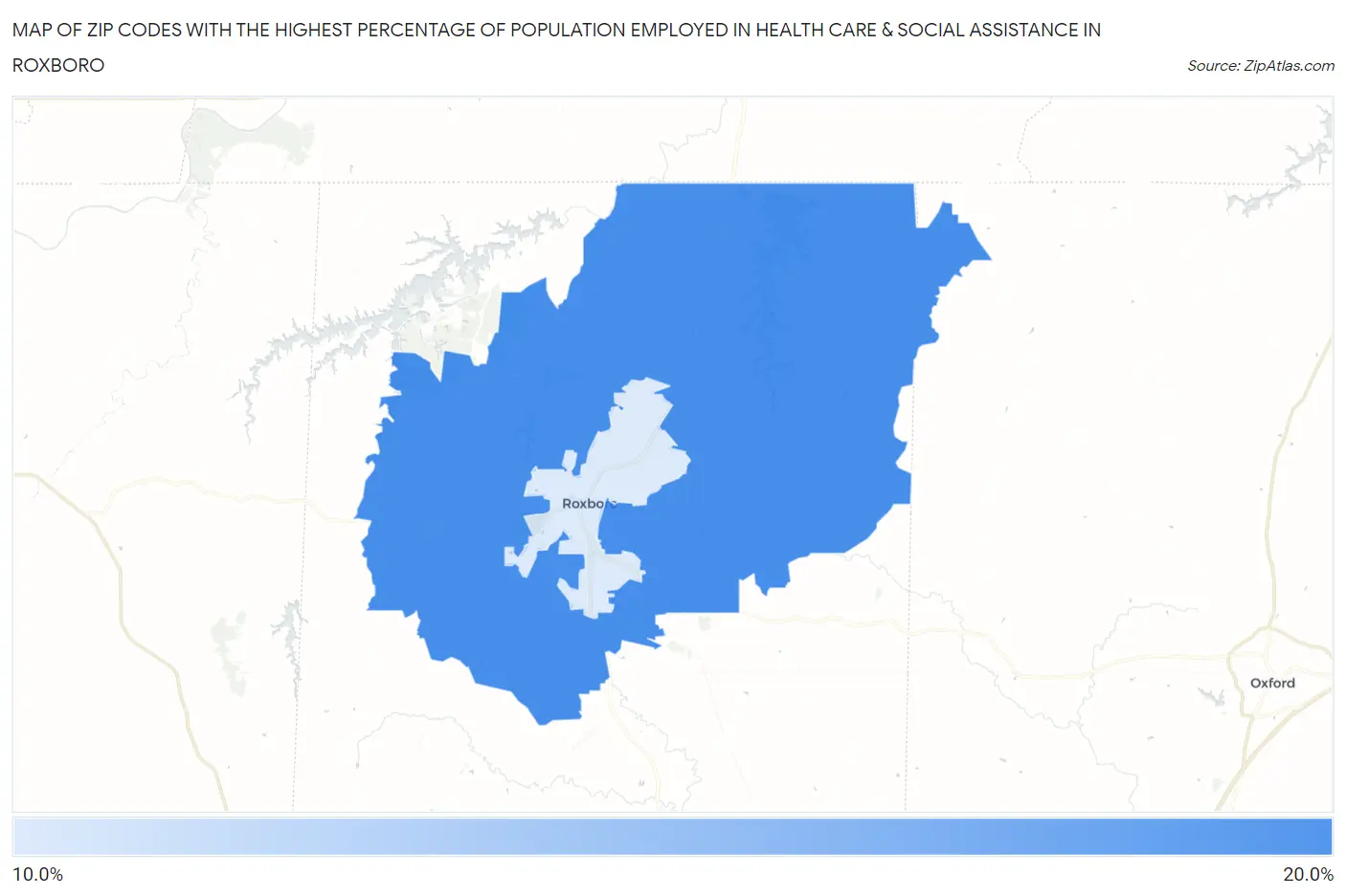 Zip Codes with the Highest Percentage of Population Employed in Health Care & Social Assistance in Roxboro Map