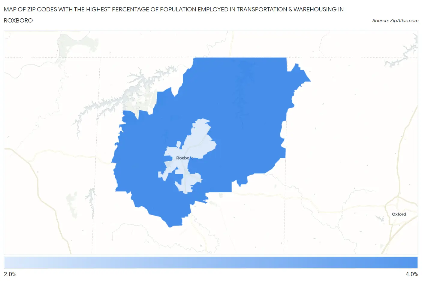 Zip Codes with the Highest Percentage of Population Employed in Transportation & Warehousing in Roxboro Map