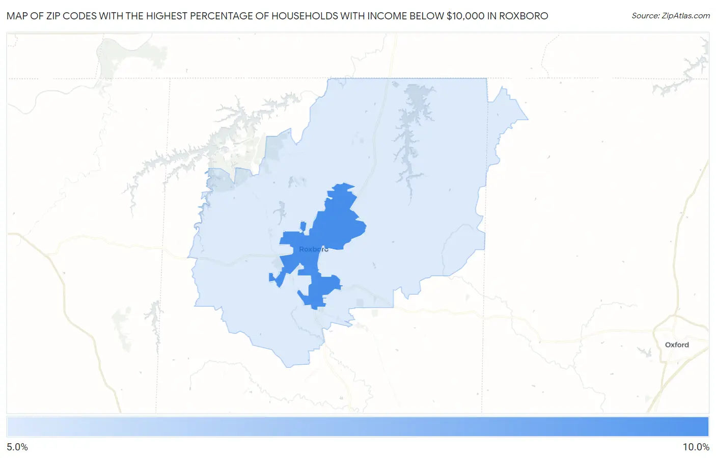 Zip Codes with the Highest Percentage of Households with Income Below $10,000 in Roxboro Map