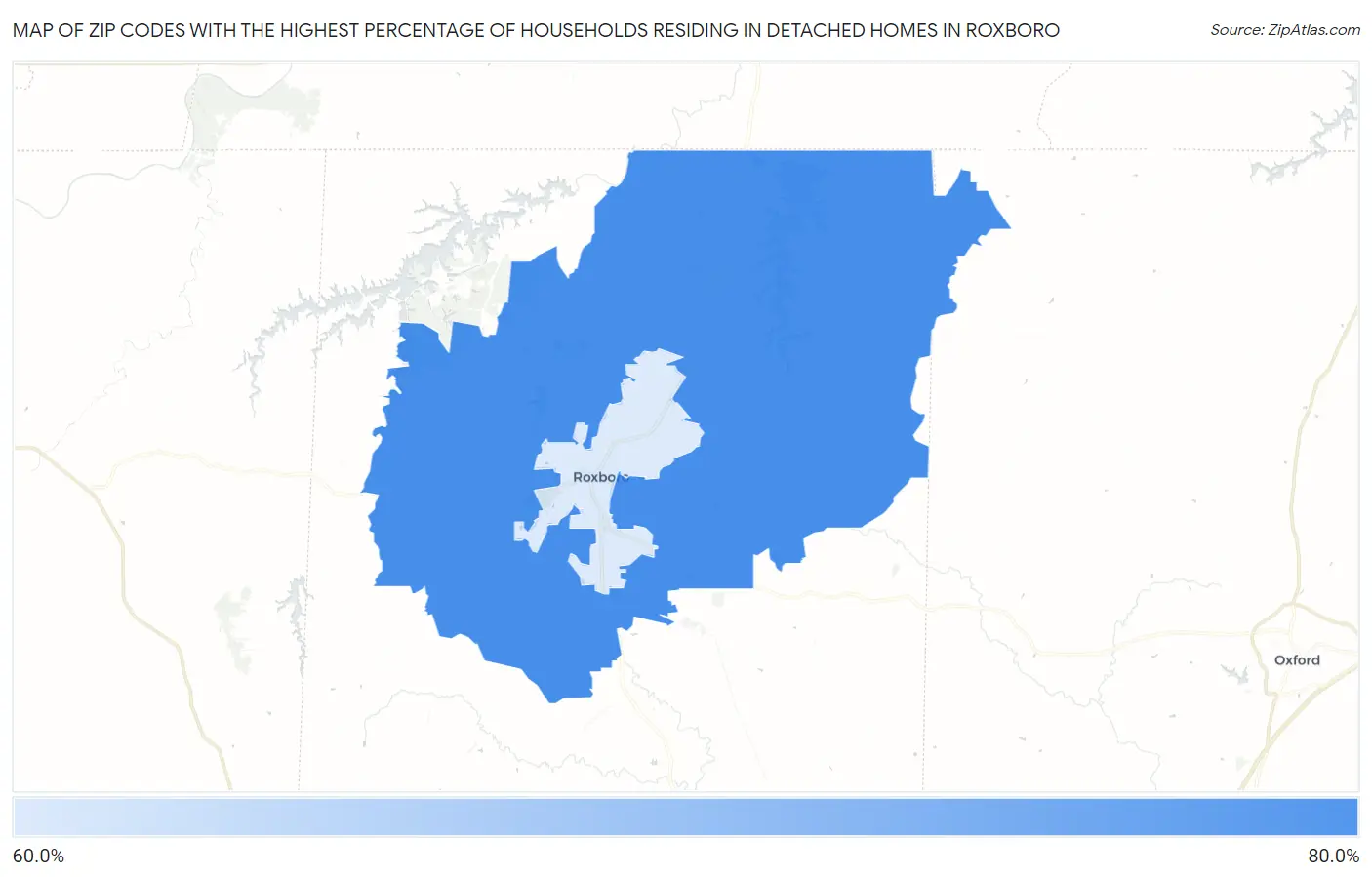 Zip Codes with the Highest Percentage of Households Residing in Detached Homes in Roxboro Map