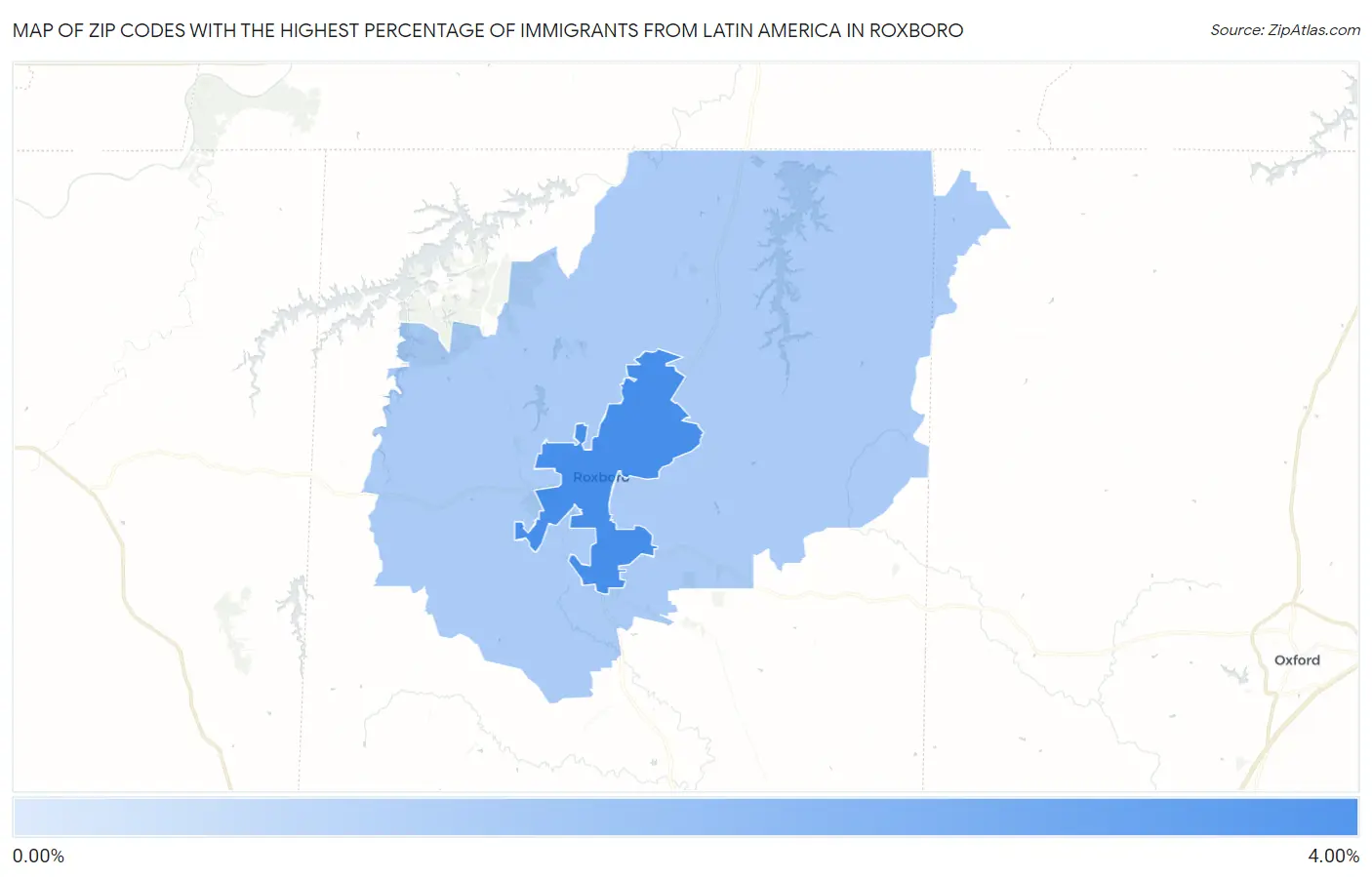 Zip Codes with the Highest Percentage of Immigrants from Latin America in Roxboro Map