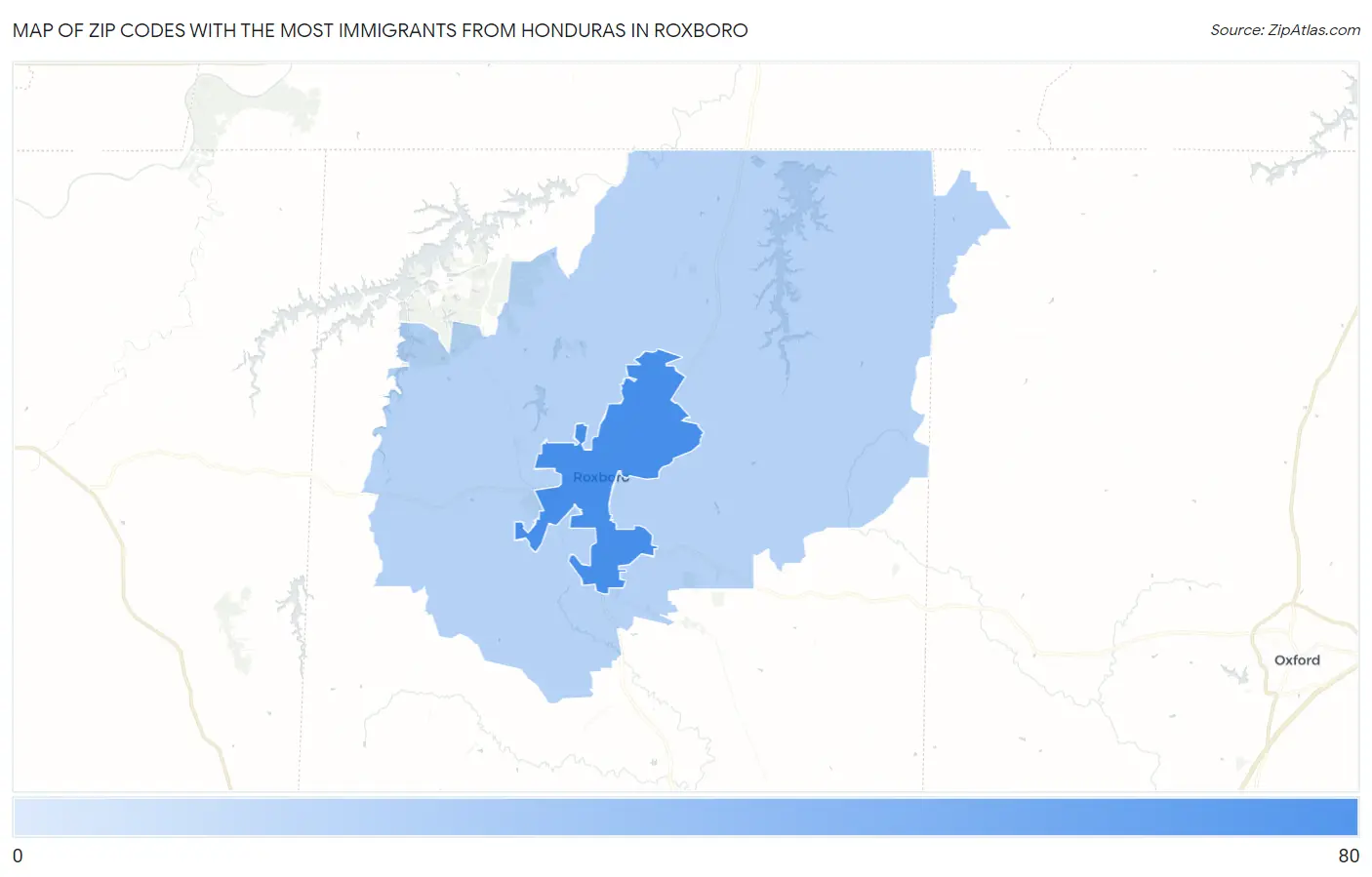 Zip Codes with the Most Immigrants from Honduras in Roxboro Map