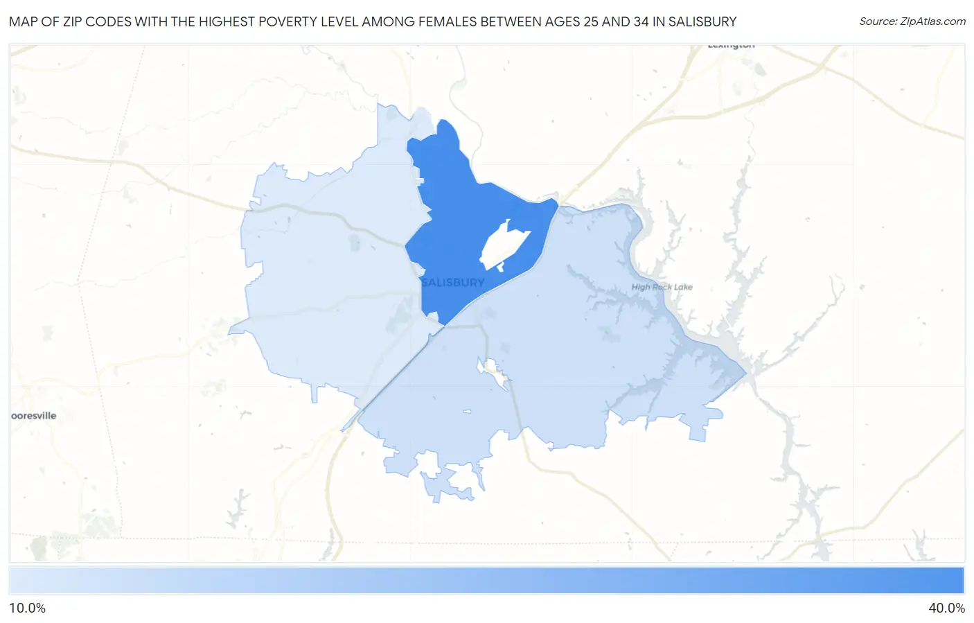 Zip Codes with the Highest Poverty Level Among Females Between Ages 25 and 34 in Salisbury Map